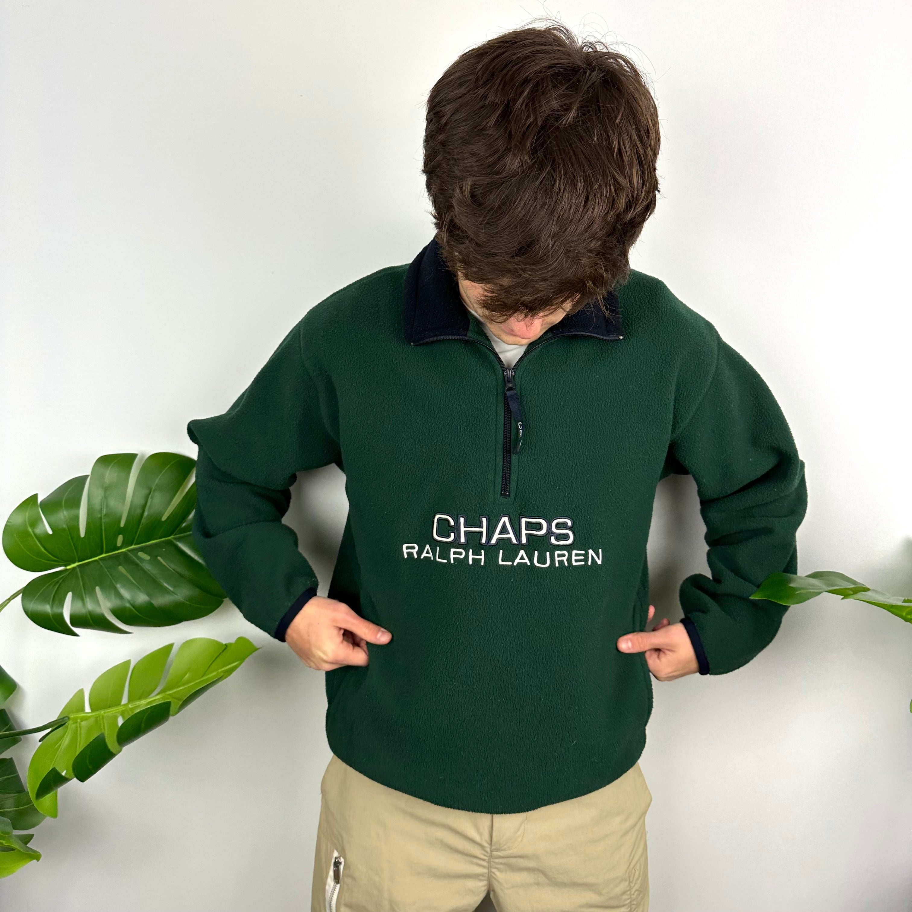 Chaps Ralph Lauren Green Embroidered Spell Out Teddy Bear Fleece Quarter Zip Sweatshirt (M)