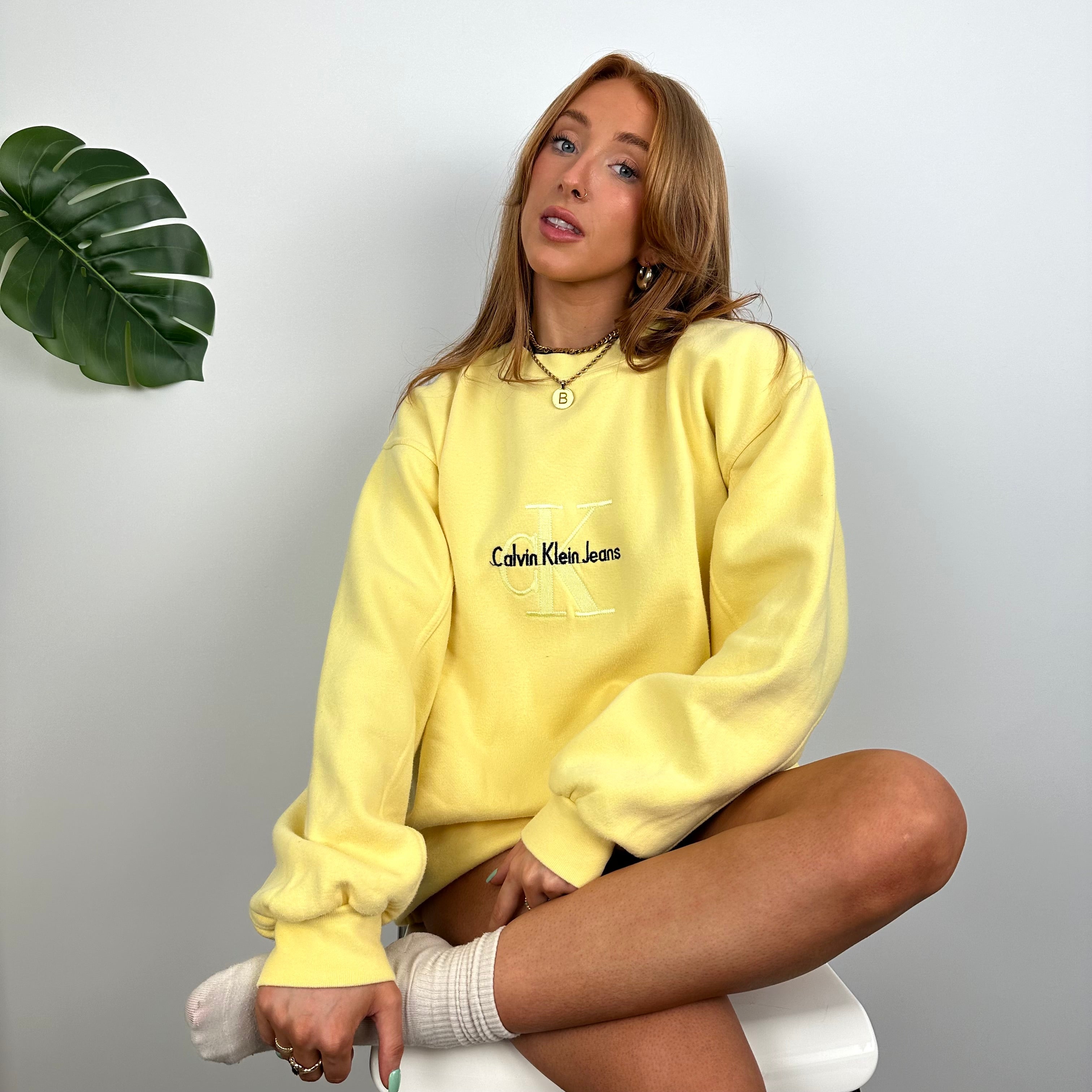 Calvin Klein RARE Yellow Embroidered Spell Out Sweatshirt (M)