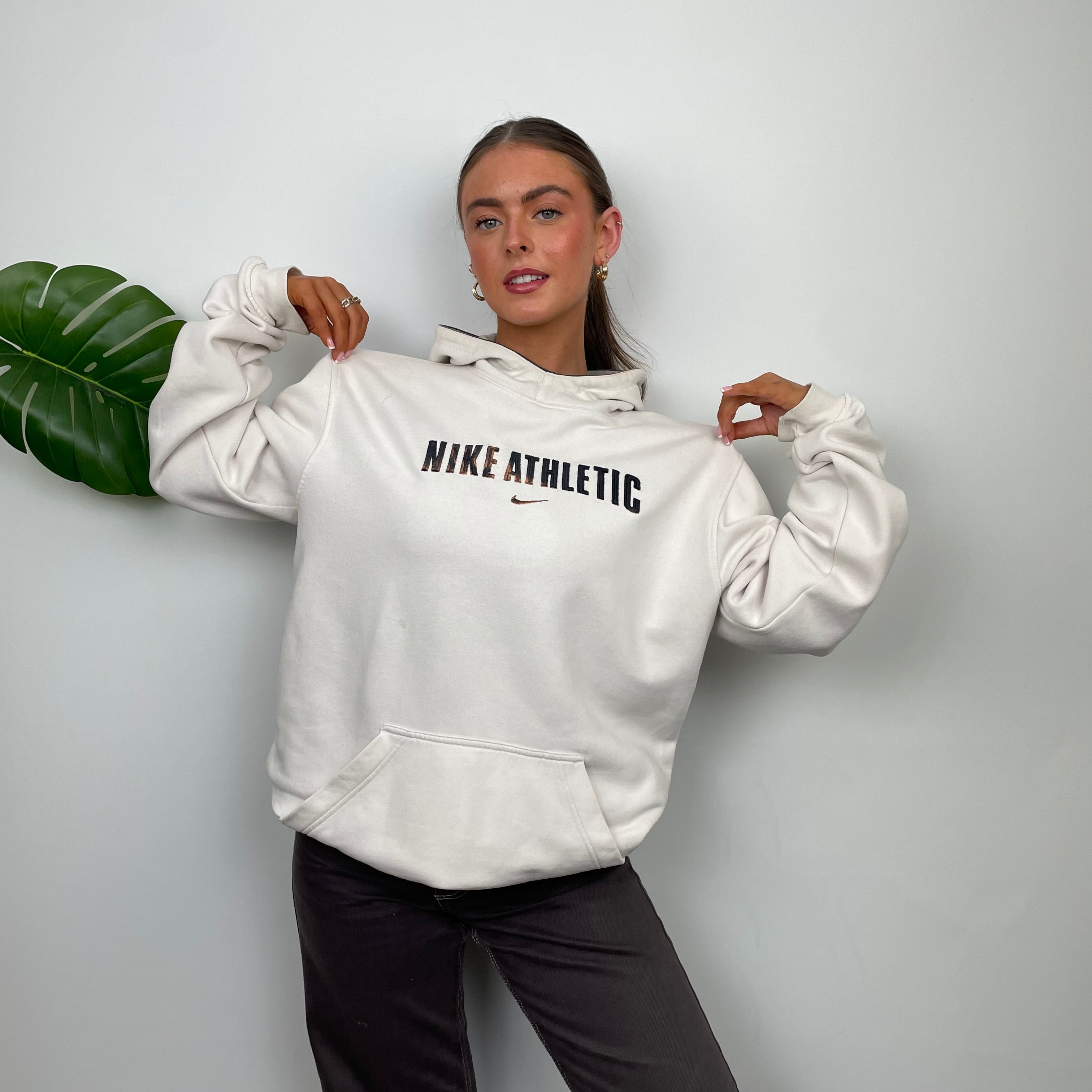 Nike Athletic White Embroidered Spell Out Hoodie (M)