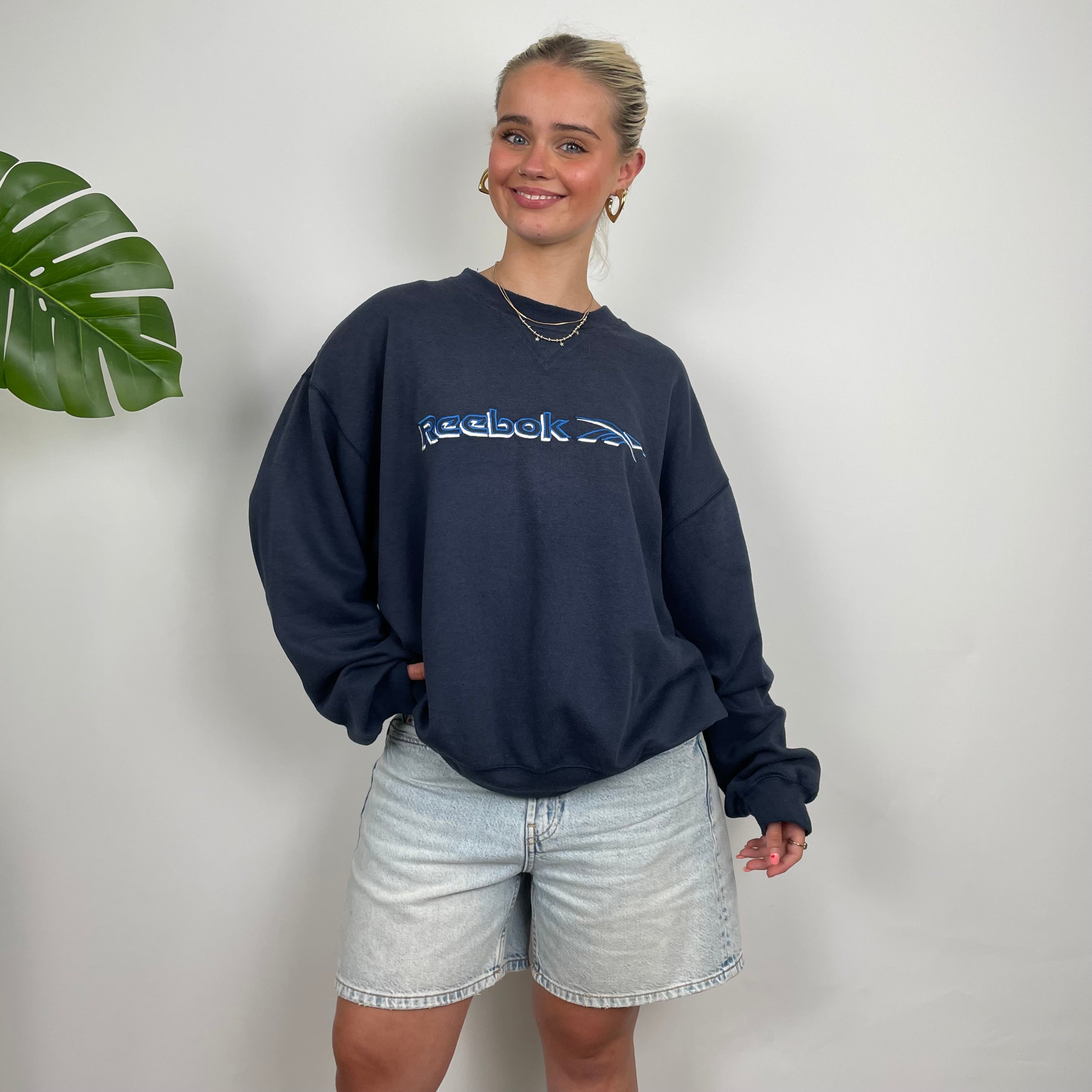 Reebok RARE Navy Embroidered Spell Out Sweatshirt (L)