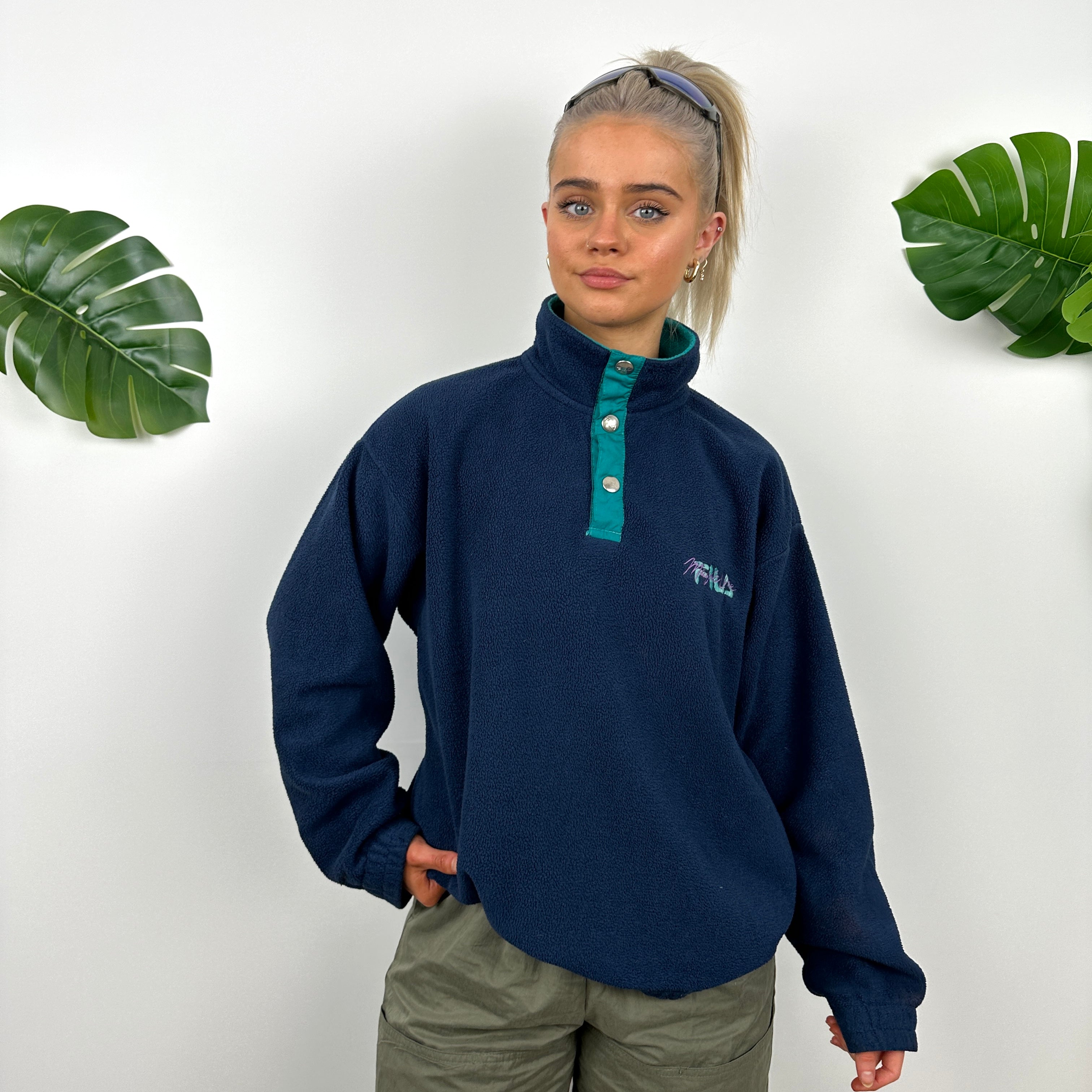 FILA Navy Embroidered Spell Out Teddy Bear Fleece Quarter Sweatshirt (M)
