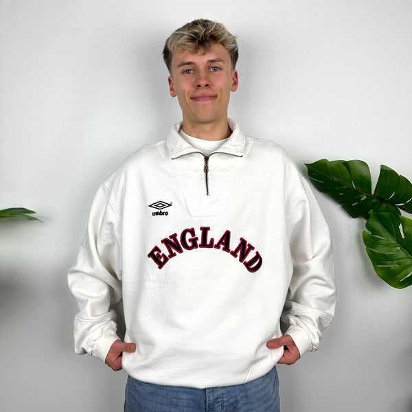 Umbro X England RARE White Embroidered Spell Out Quarter Zip Sweatshirt (XL)