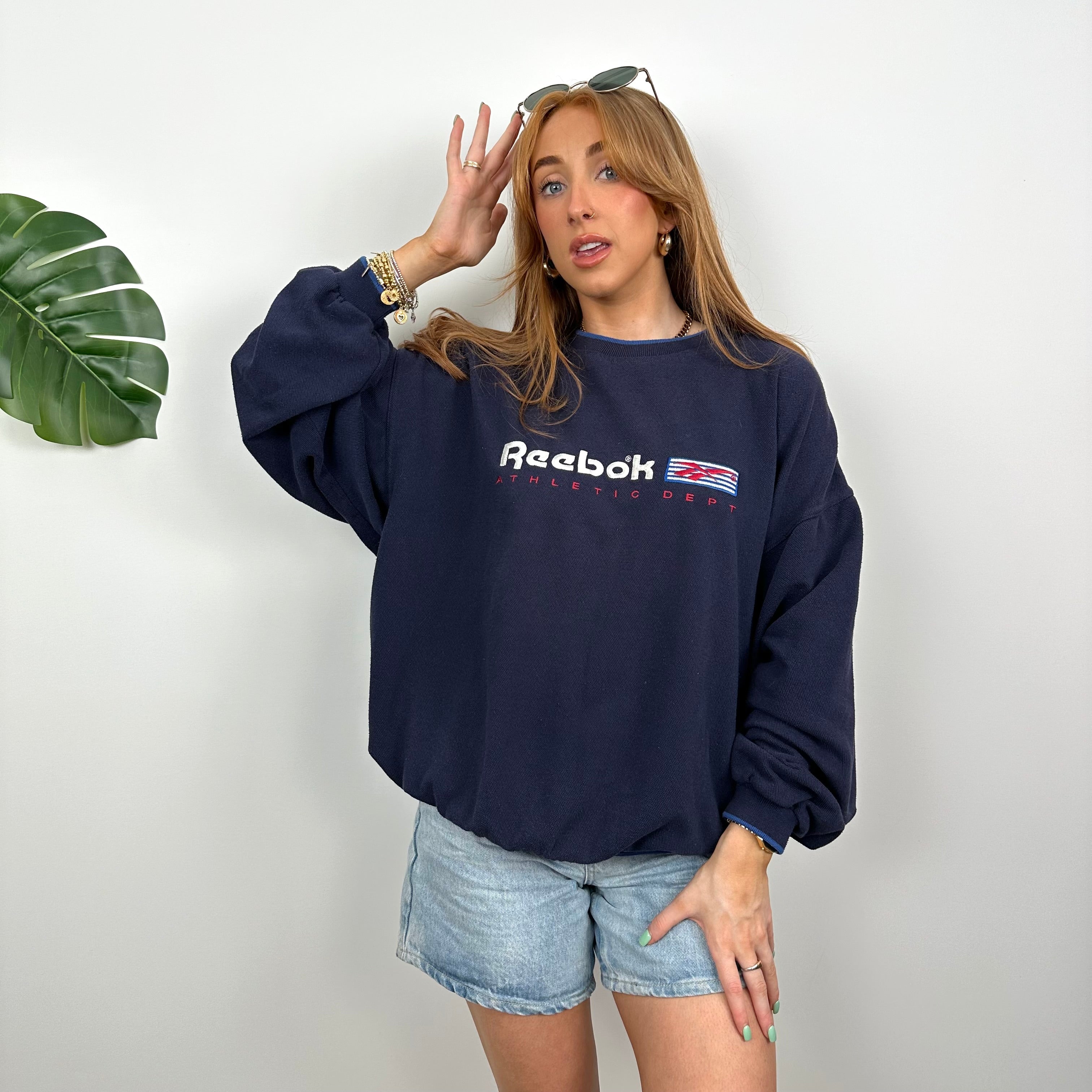 Reebok RARE Navy Embroidered Spell Out Sweatshirt (L)