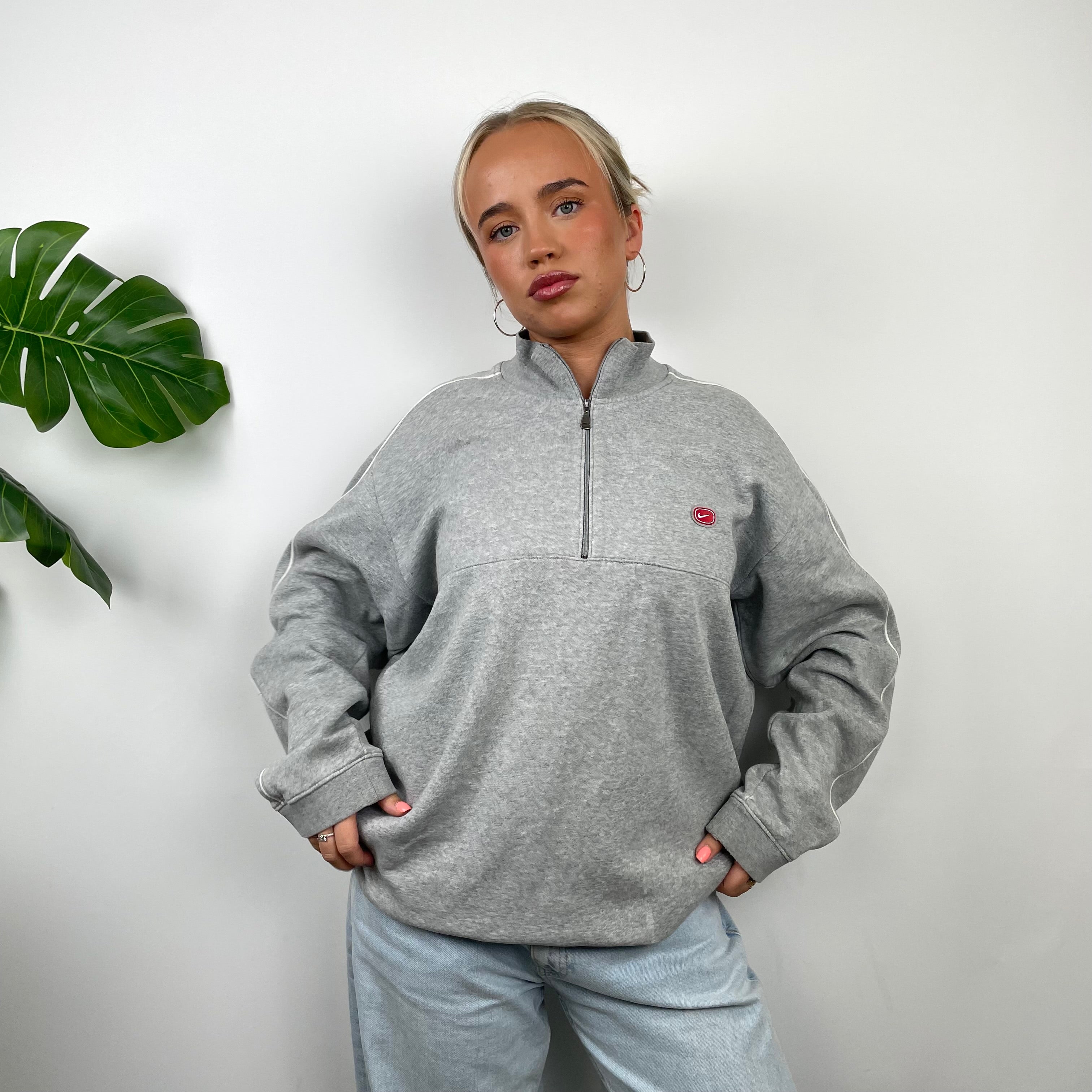 Nike Cortez Grey Embroidered Spell Out Quarter Zip Sweatshirt (L)