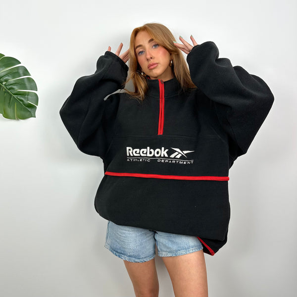 Reebok RARE Black Embroidered Spell Out Teddy Bear Fleece Quarter Zip Sweatshirt (L)