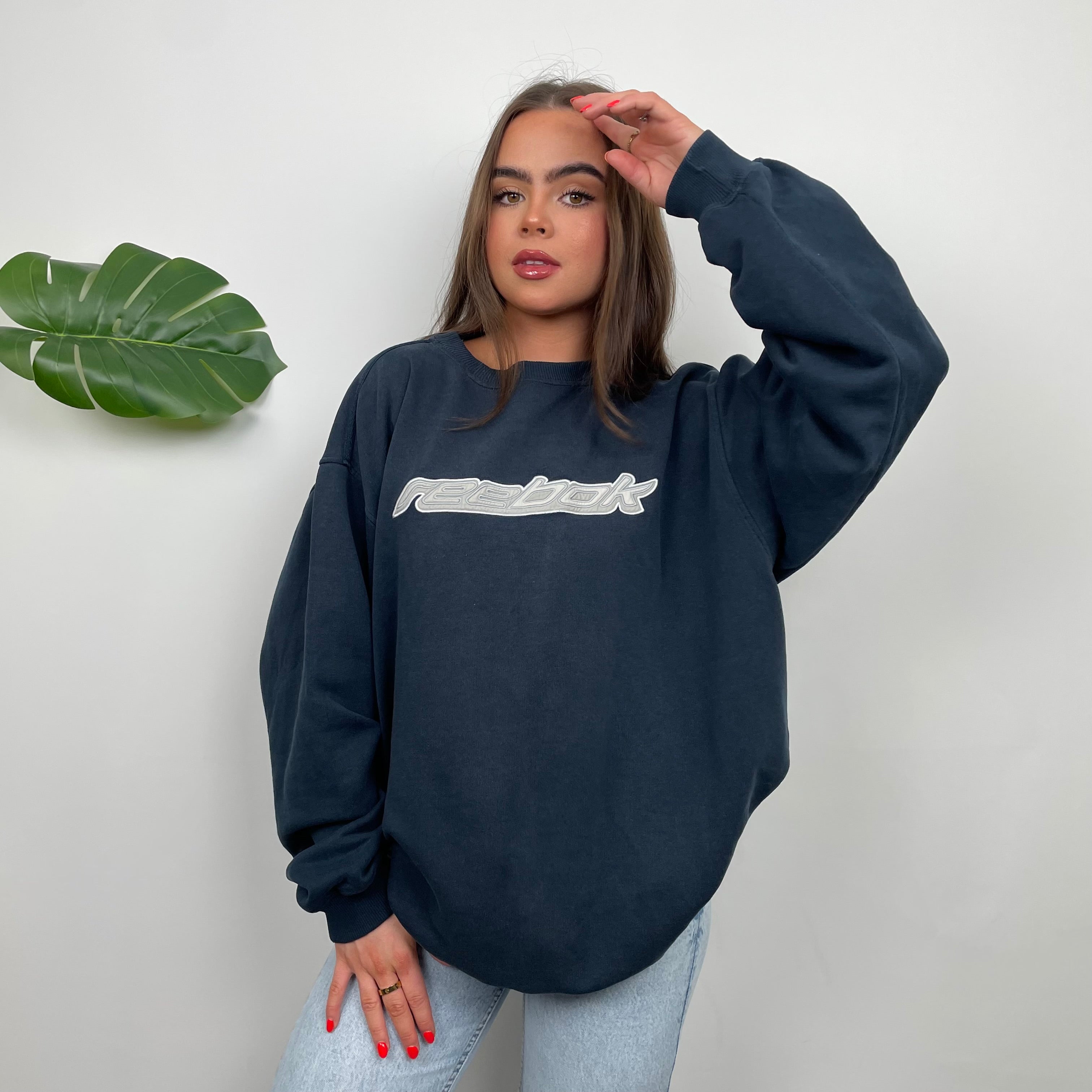 Reebok Navy Embroidered Spell Out Sweatshirt (L)