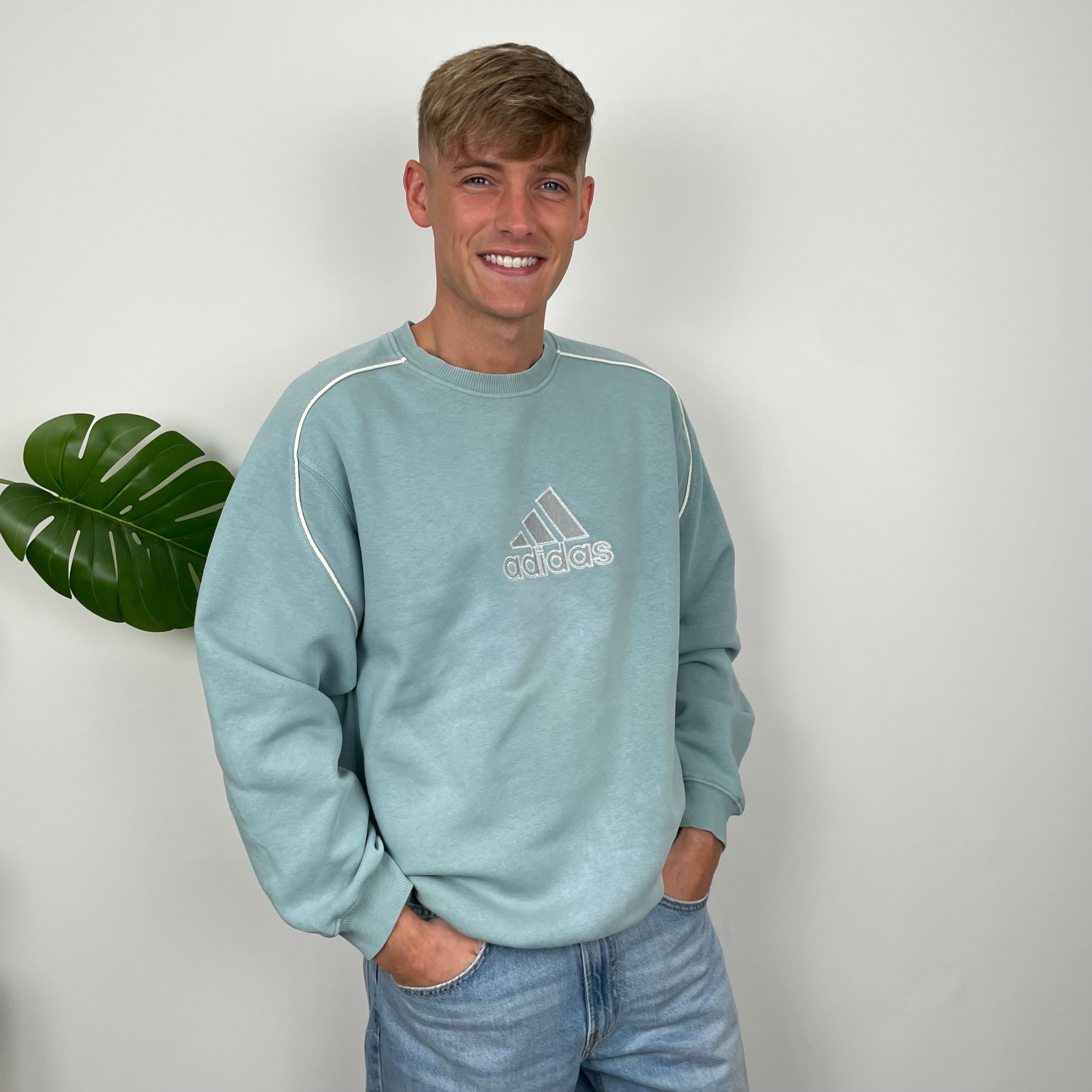 Adidas RARE Baby Blue Embroidered Spell Out Sweatshirt (XL)