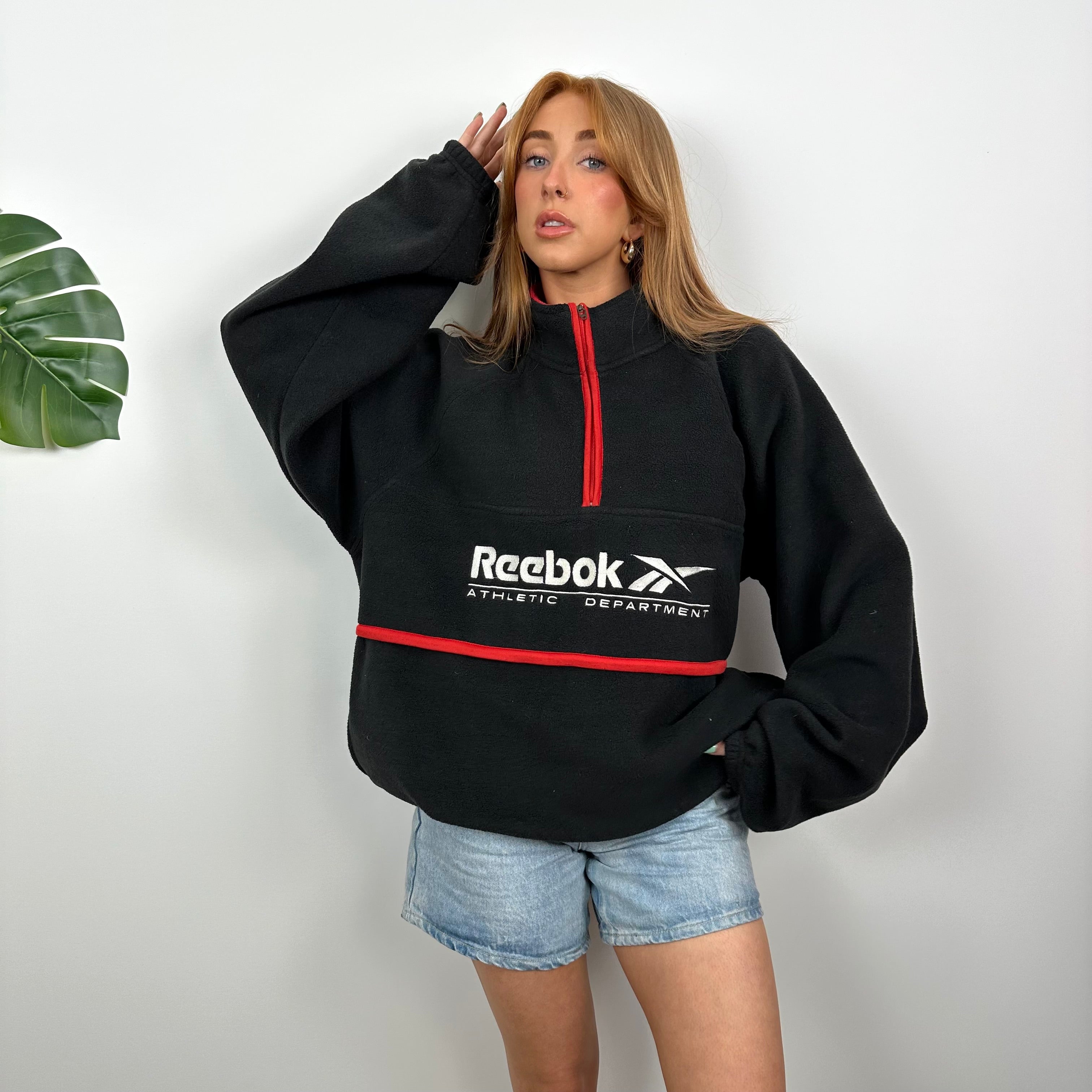 Reebok RARE Black Embroidered Spell Out Teddy Bear Fleece Quarter Zip Sweatshirt (L)