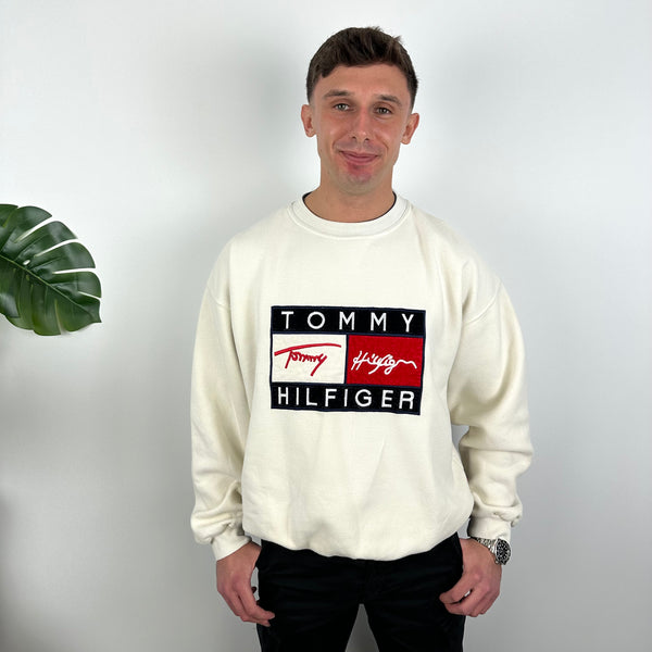 Tommy Hilfiger RARE Cream Embroidered Spell Out Sweatshirt (L)