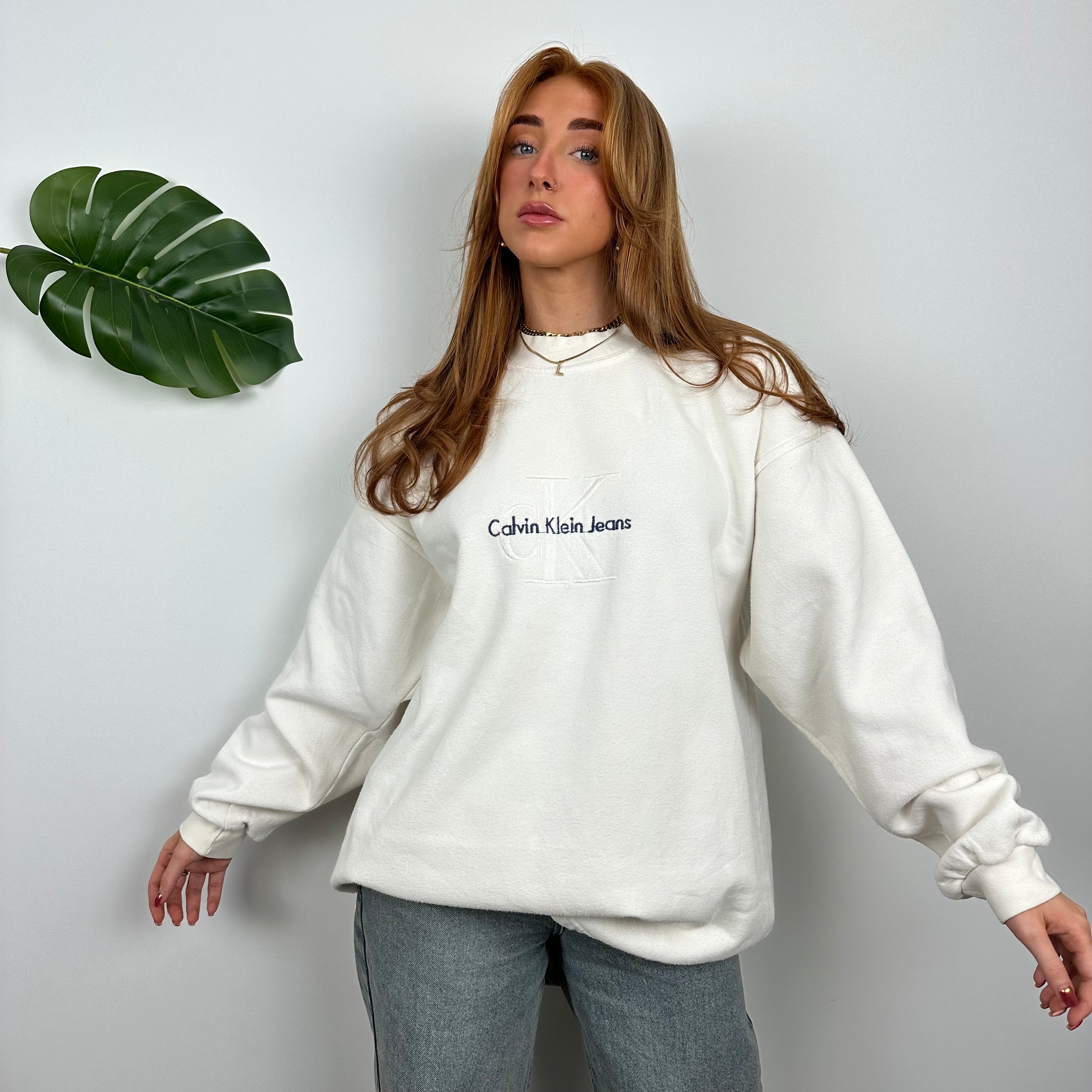 Calvin Klein RARE White Embroidered Spell Out Sweatshirt (XL)