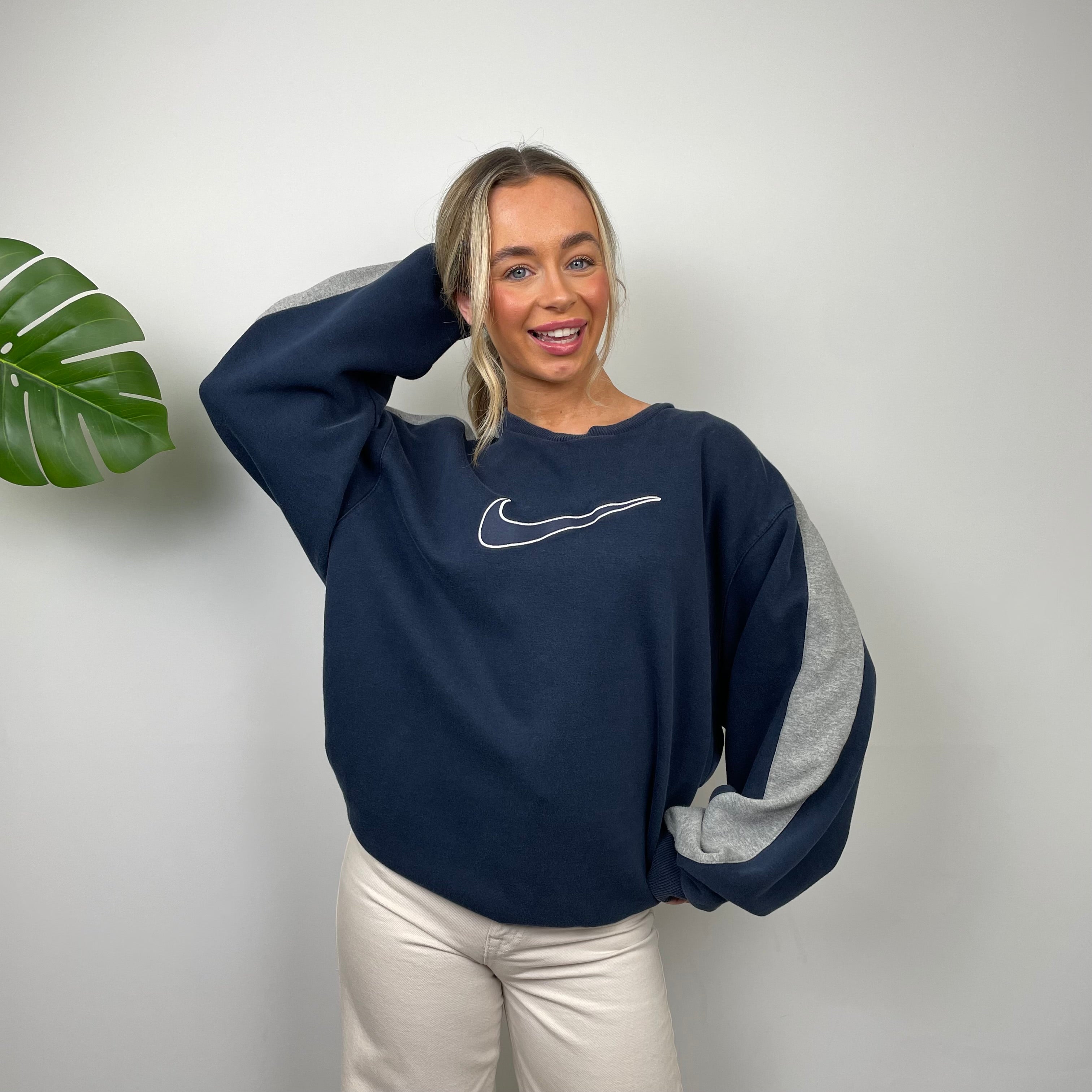 Nike RARE Navy Embroidered Swoosh Sweatshirt (M)