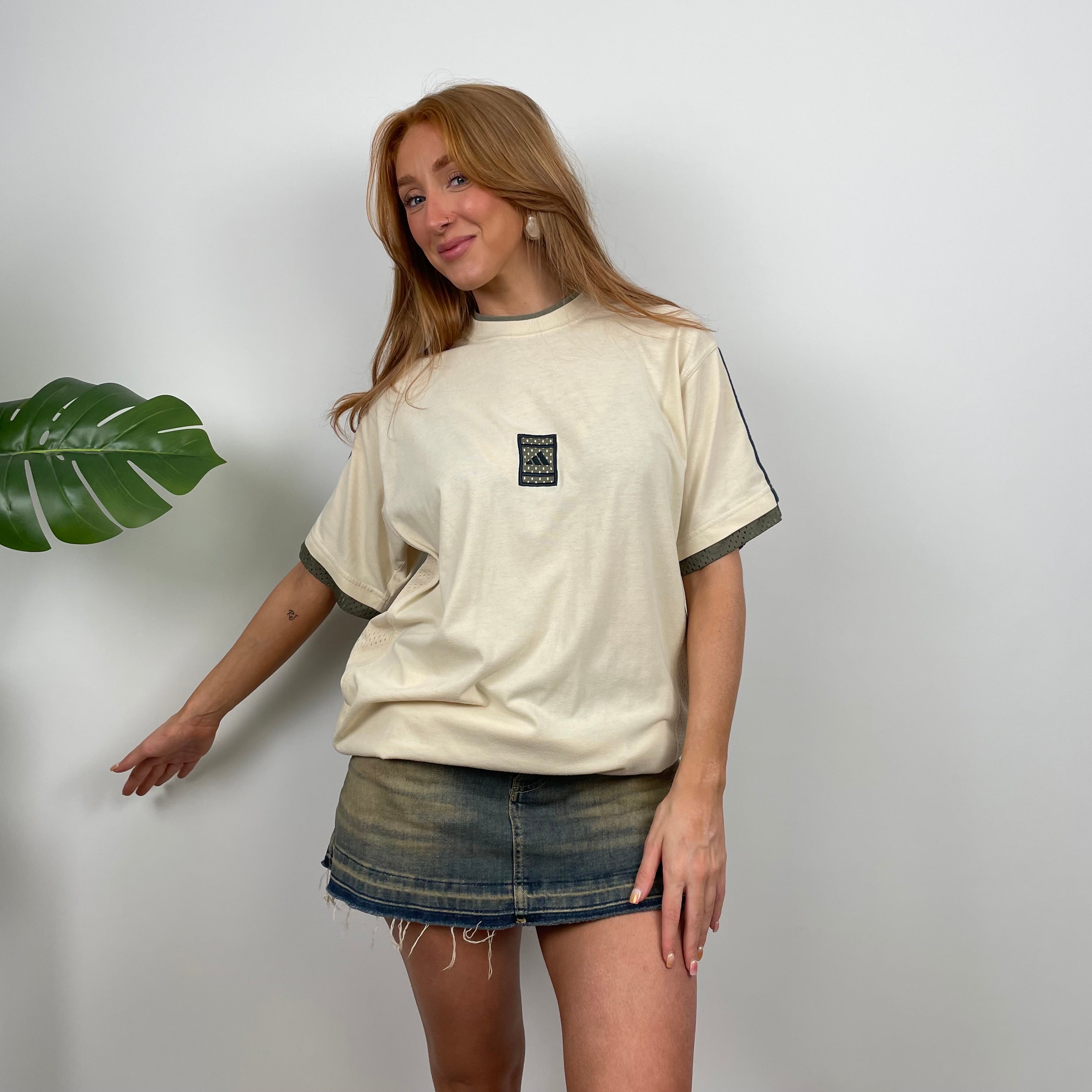 Adidas RARE Cream Embroidered Spell Out T Shirt (L)