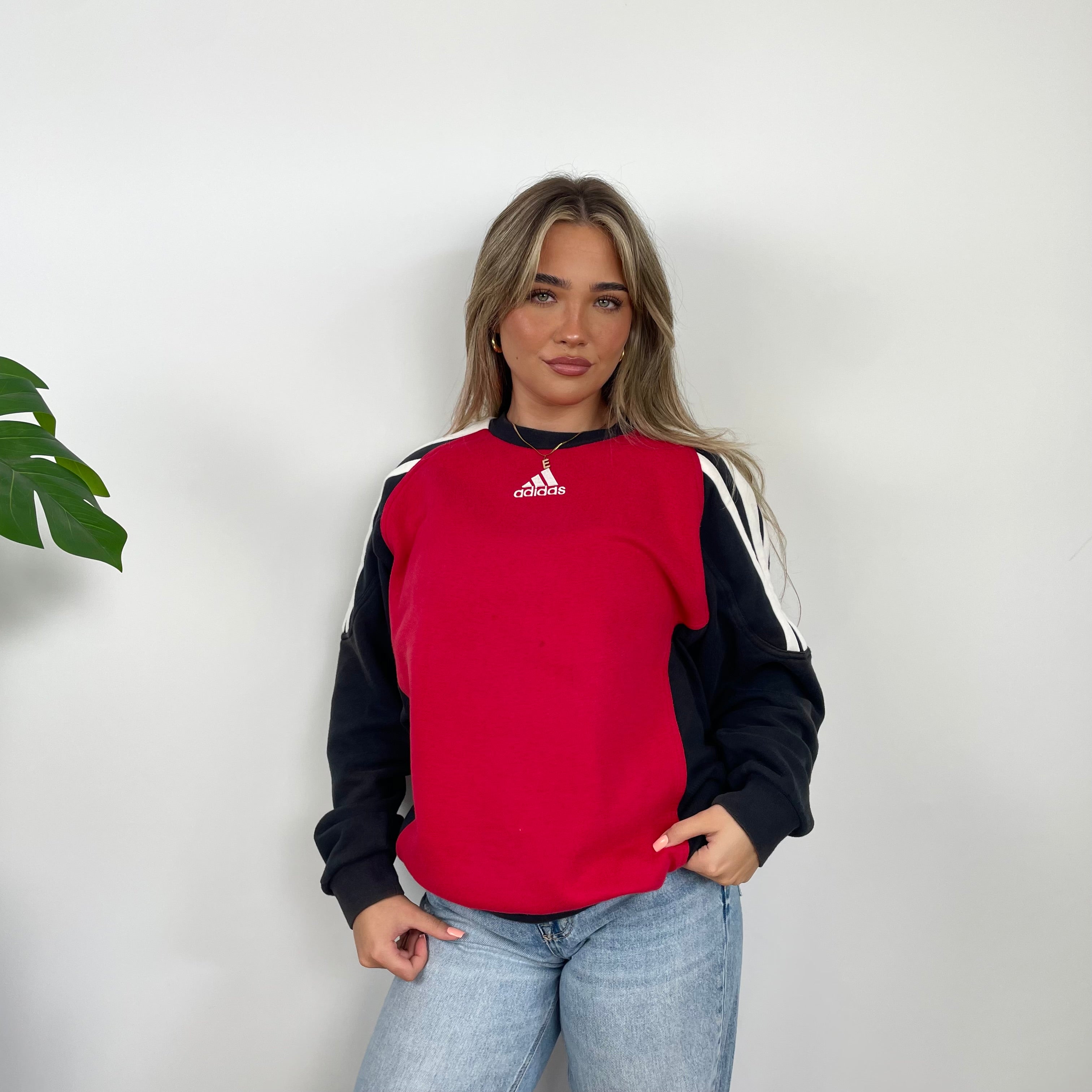 Adidas Red & Black Embroidered Spell Out Colour Block Sweatshirt (L)