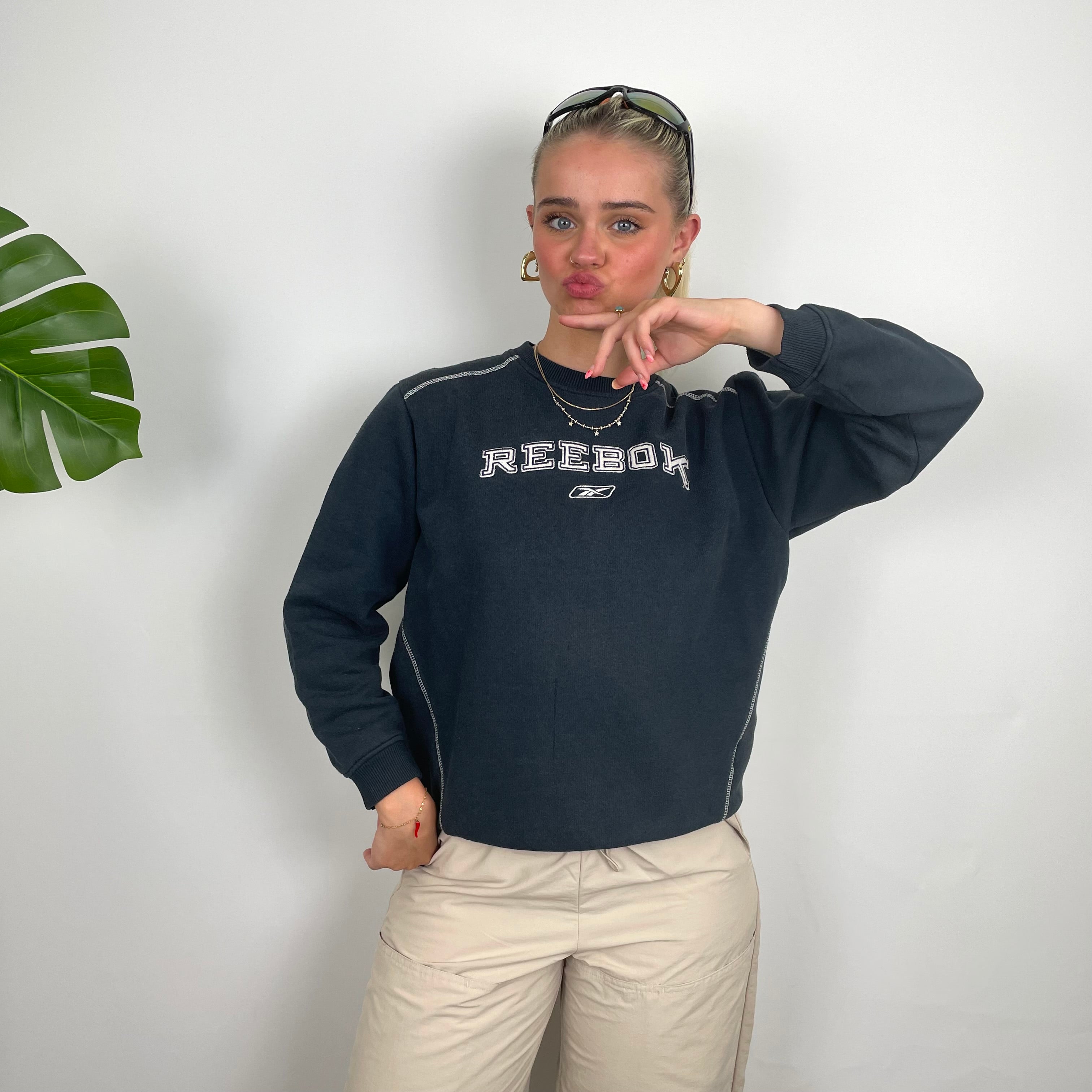 Reebok Navy Embroidered Spell Out Sweatshirt (S)