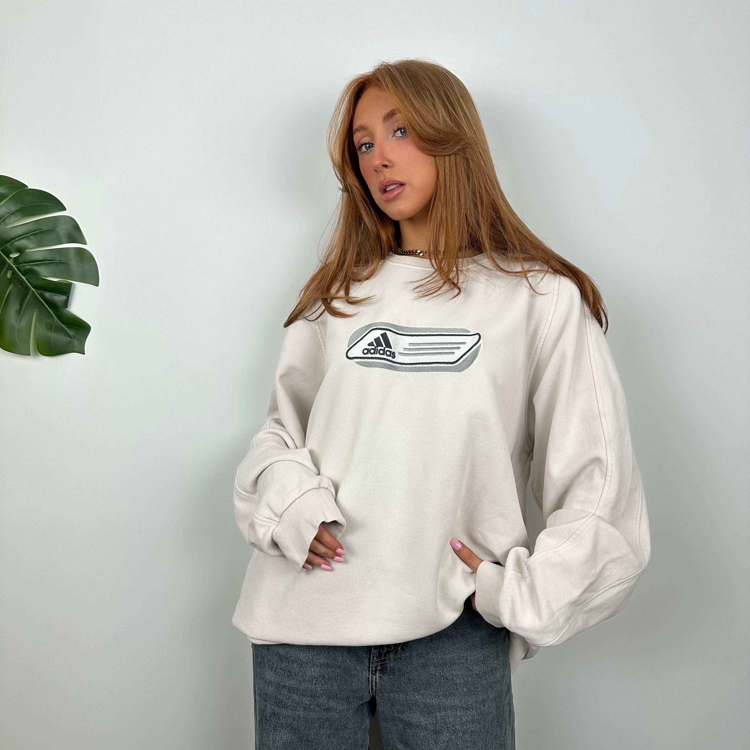 Adidas White Embroidered Spell Out Sweatshirt (L)