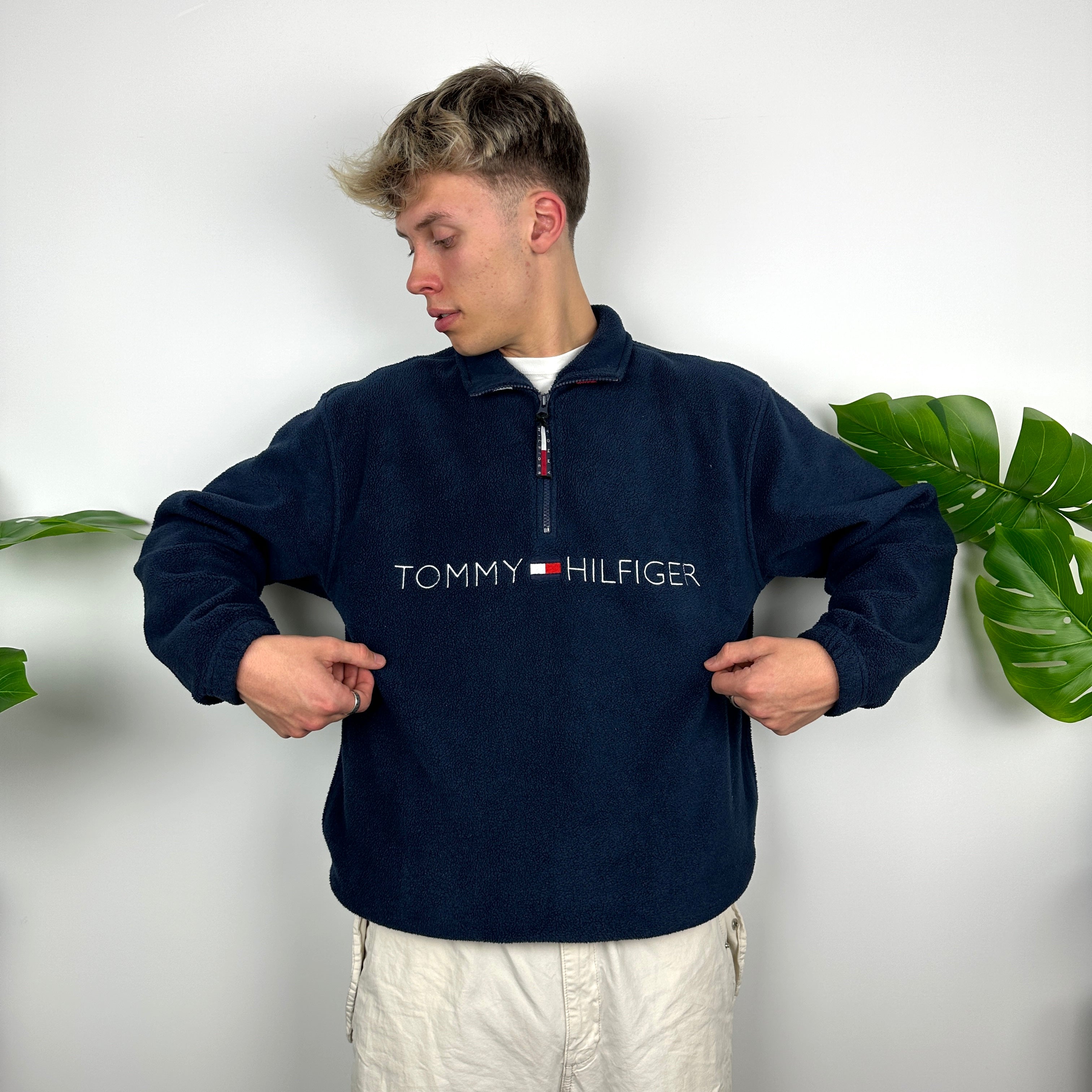 Tommy Hilfiger Navy Embroidered Spell Out Teddy Bear Fleece Quarter Zip Sweatshirt (M)