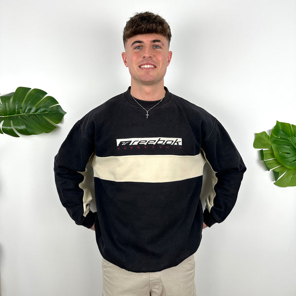 Reebok Membership Black and Cream Embroidered Spell Out Sweatshirt (L)