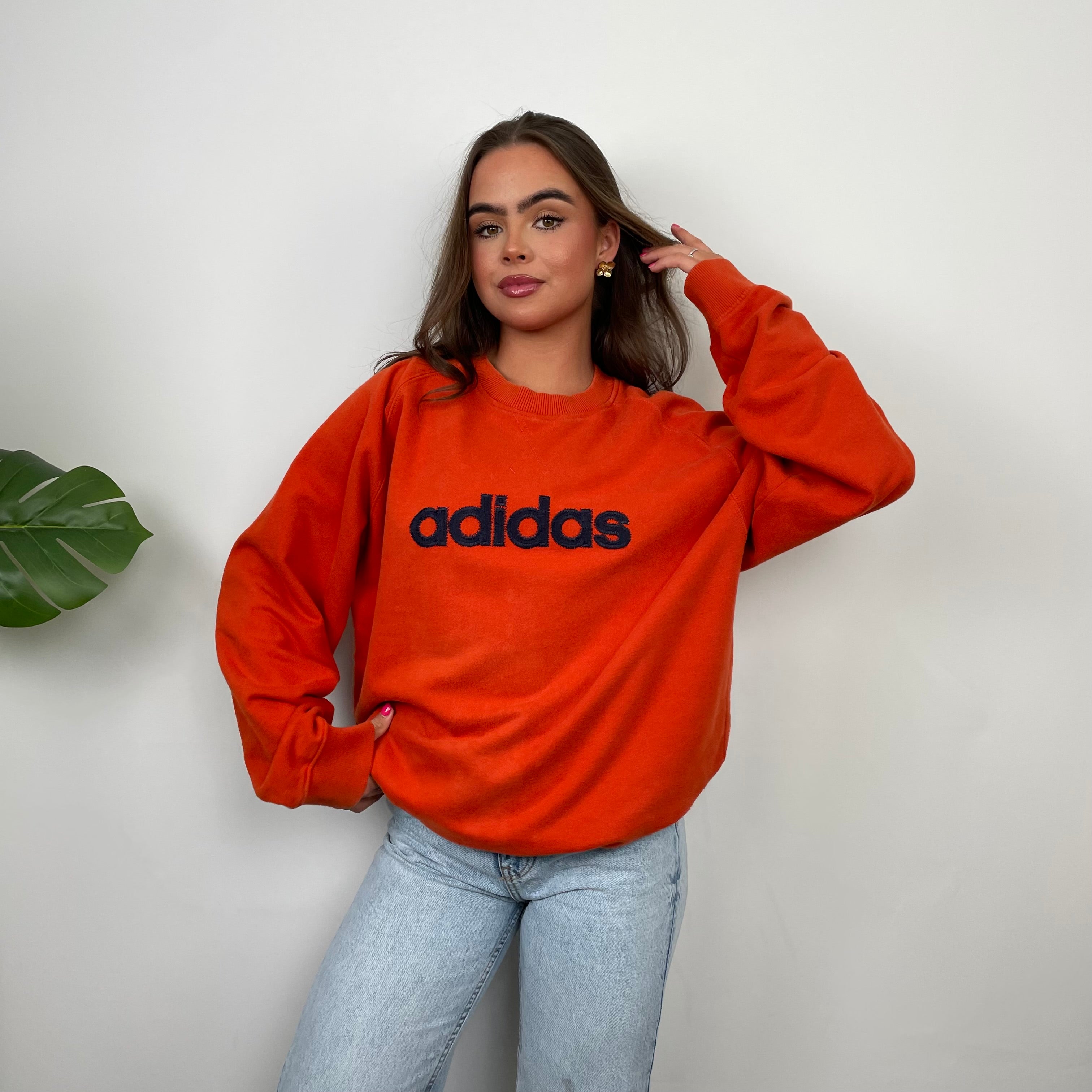 Adidas Orange Embroidered Spell Out Sweatshirt (XL)