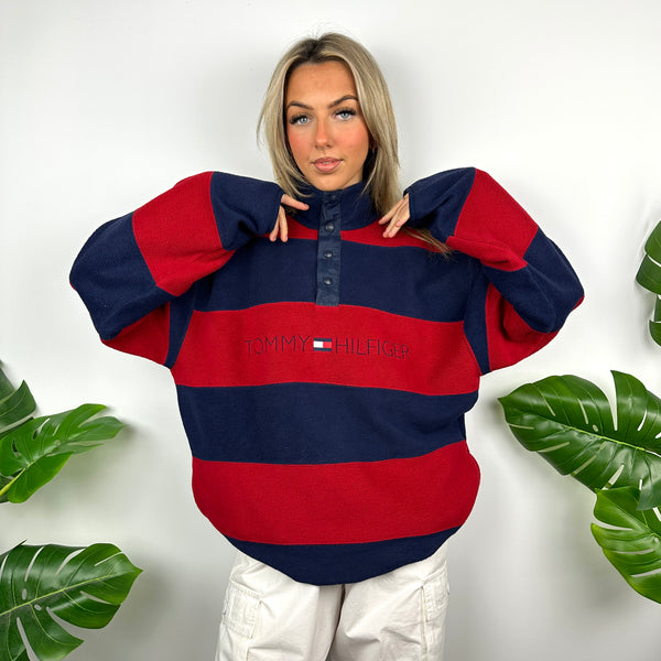 Tommy Hilfiger Red & Navy Striped Embroidered Spell Out Teddy Bear Button Fleece Sweatshirt (L)