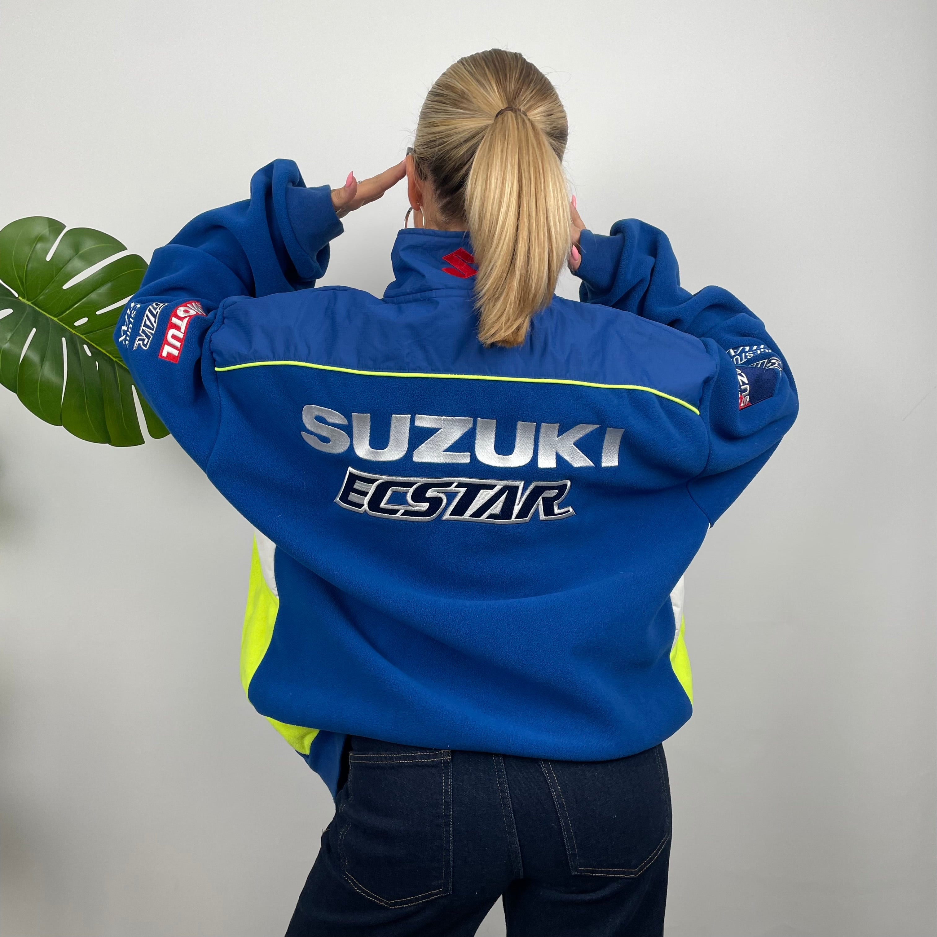 Suzuki Racing Blue Embroidered Spell Out Zip Up Fleece Jacket (XXL)