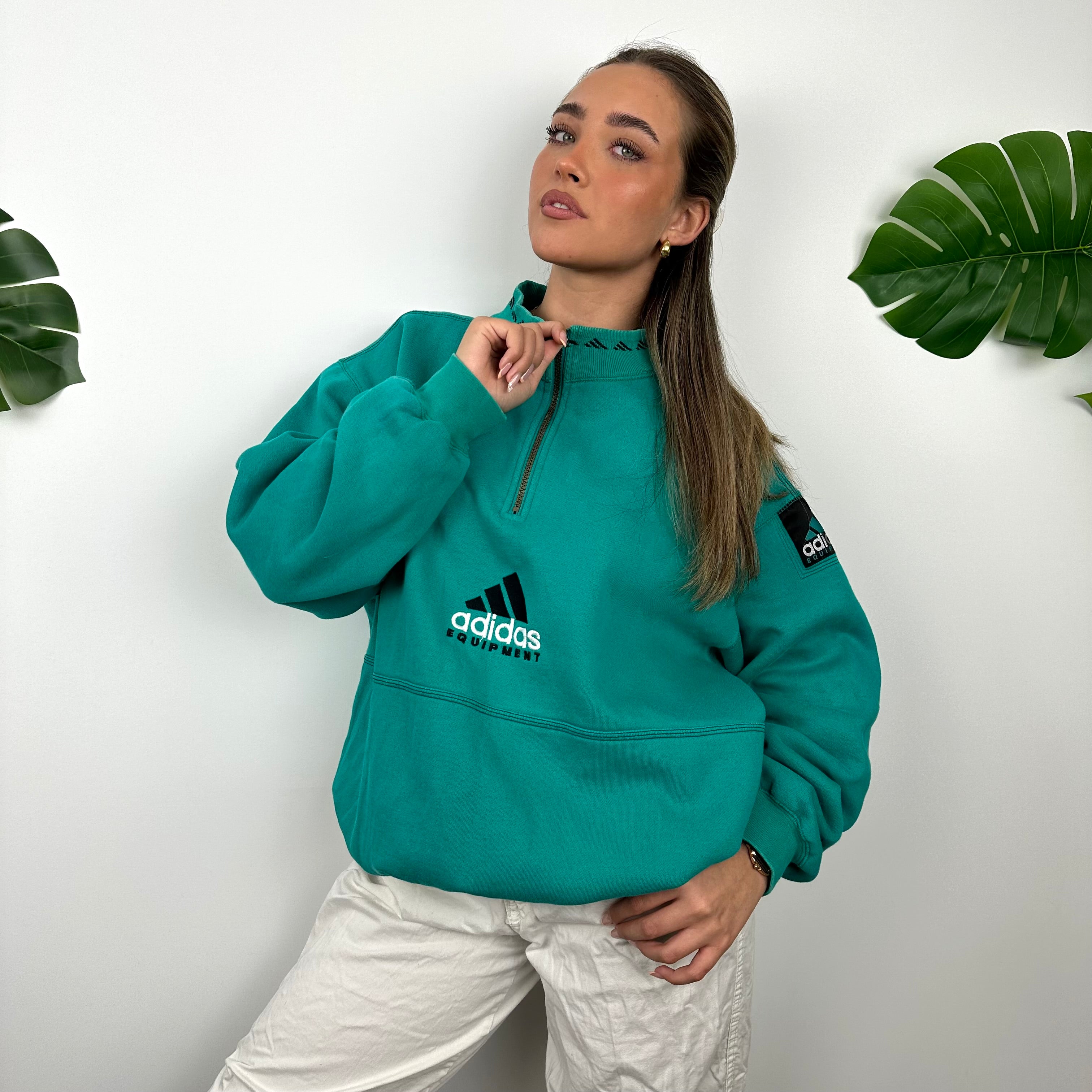 Adidas Equipment Turquoise Green Embroidered Spell Out Quarter Zip Sweatshirt (L)