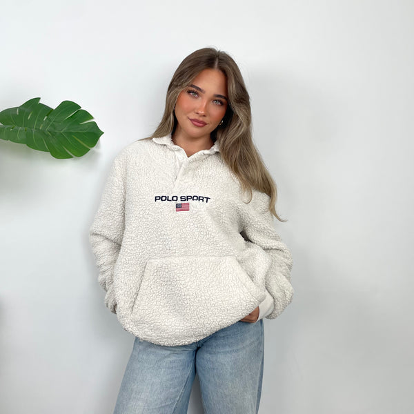Polo Ralph Lauren Sport RARE Cream Embroidered Spell Out Teddy Bear Fleece Button Up Sweatshirt (L)