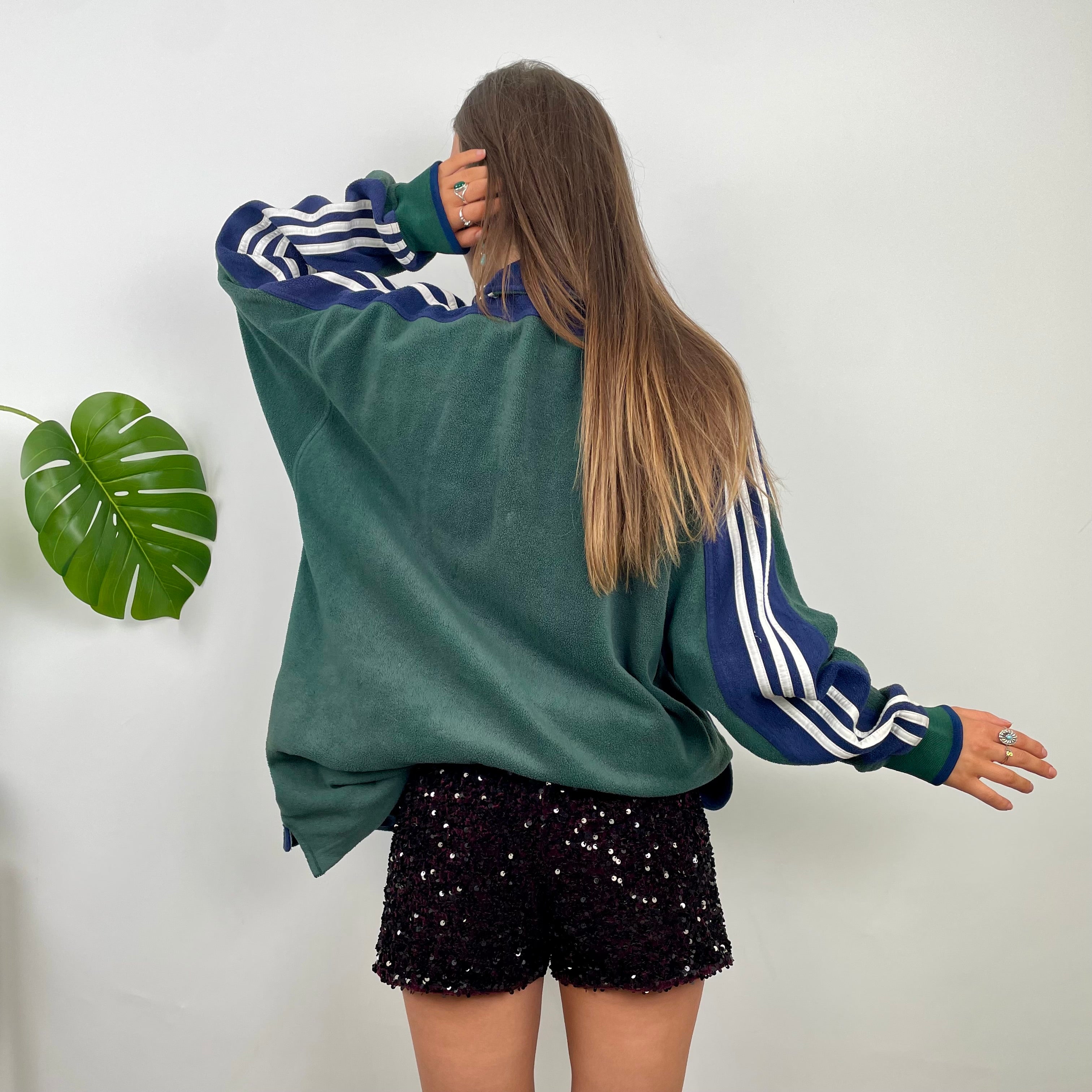 Adidas Green Embroidered Spell Out Fleece Quarter Zip Sweatshirt (XL)