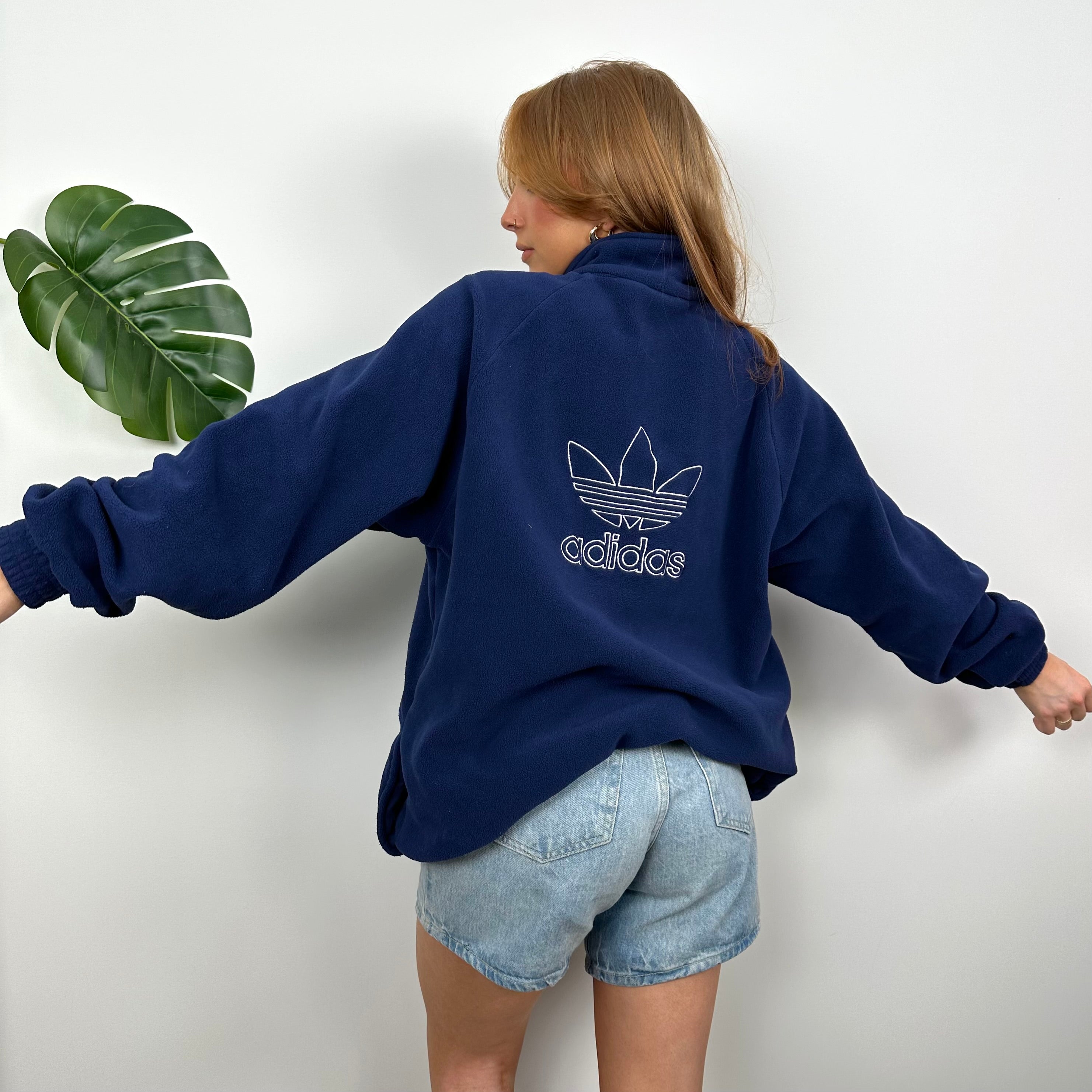 Adidas Navy Embroidered Spell Out Teddy Bear Fleece Quarter Zip Sweatshirt (L)