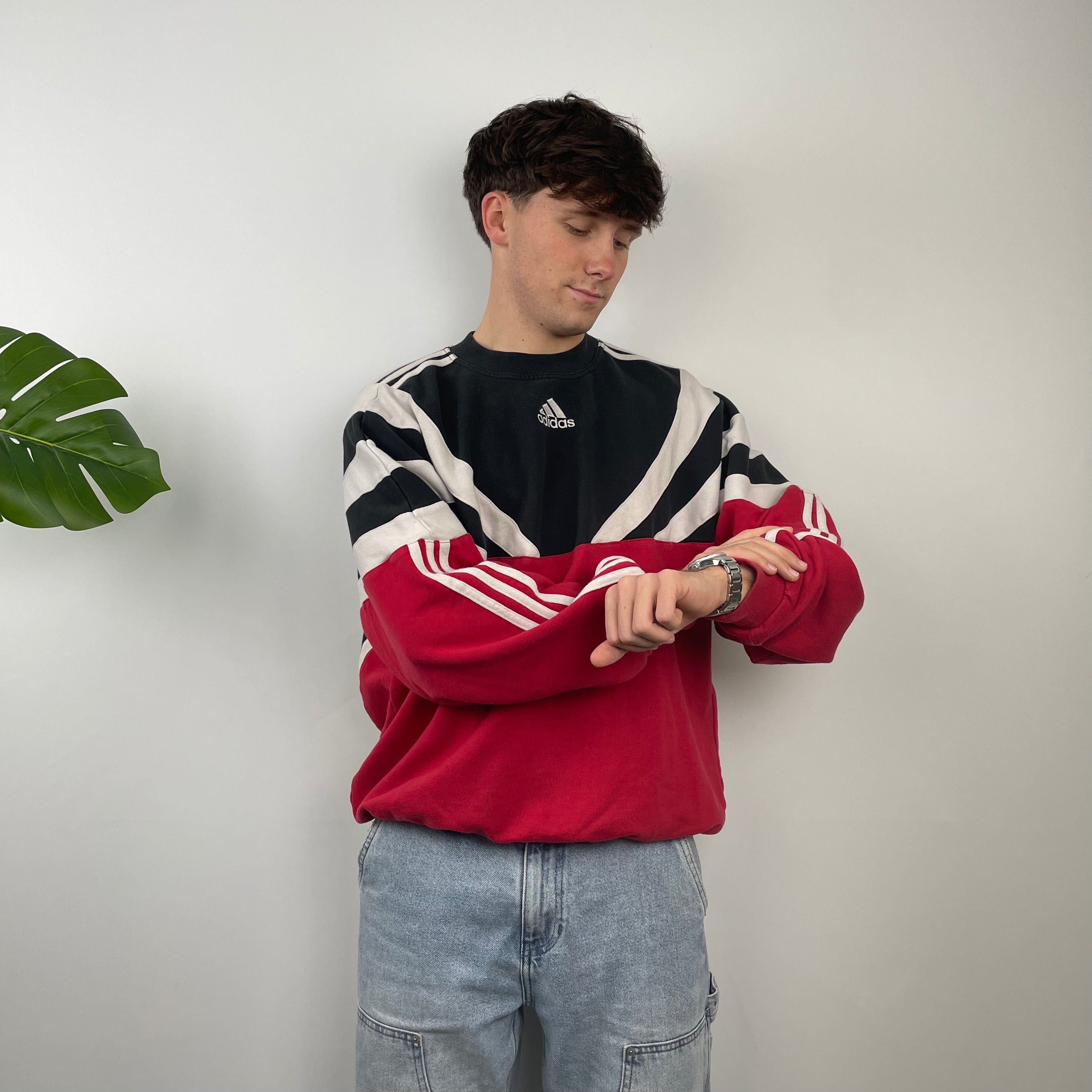Adidas RARE Red & Black Colour Block Embroidered Spell Out Sweatshirt (M)