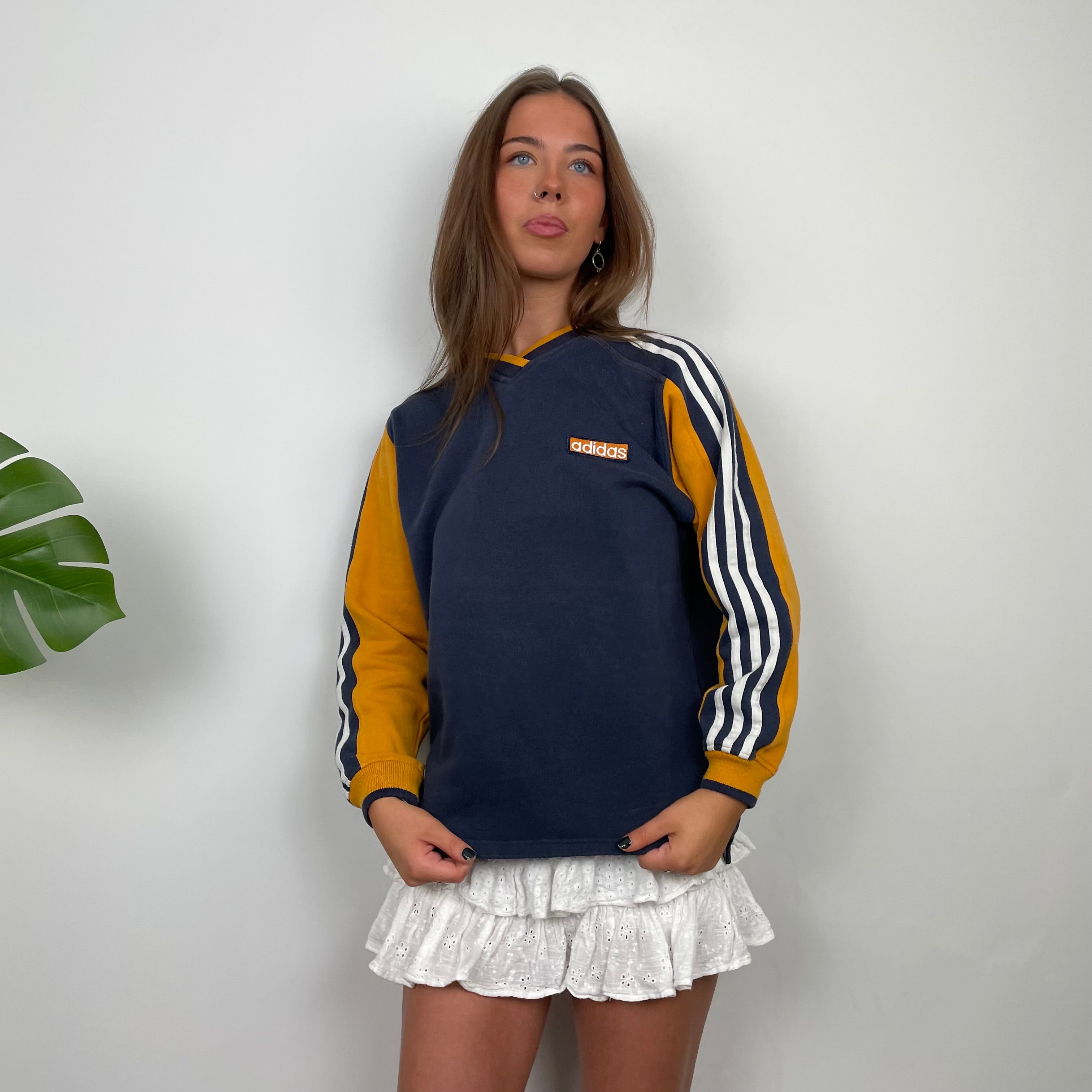 Adidas RARE Navy and Yellow Embroidered Spell Out Sweatshirt (S)