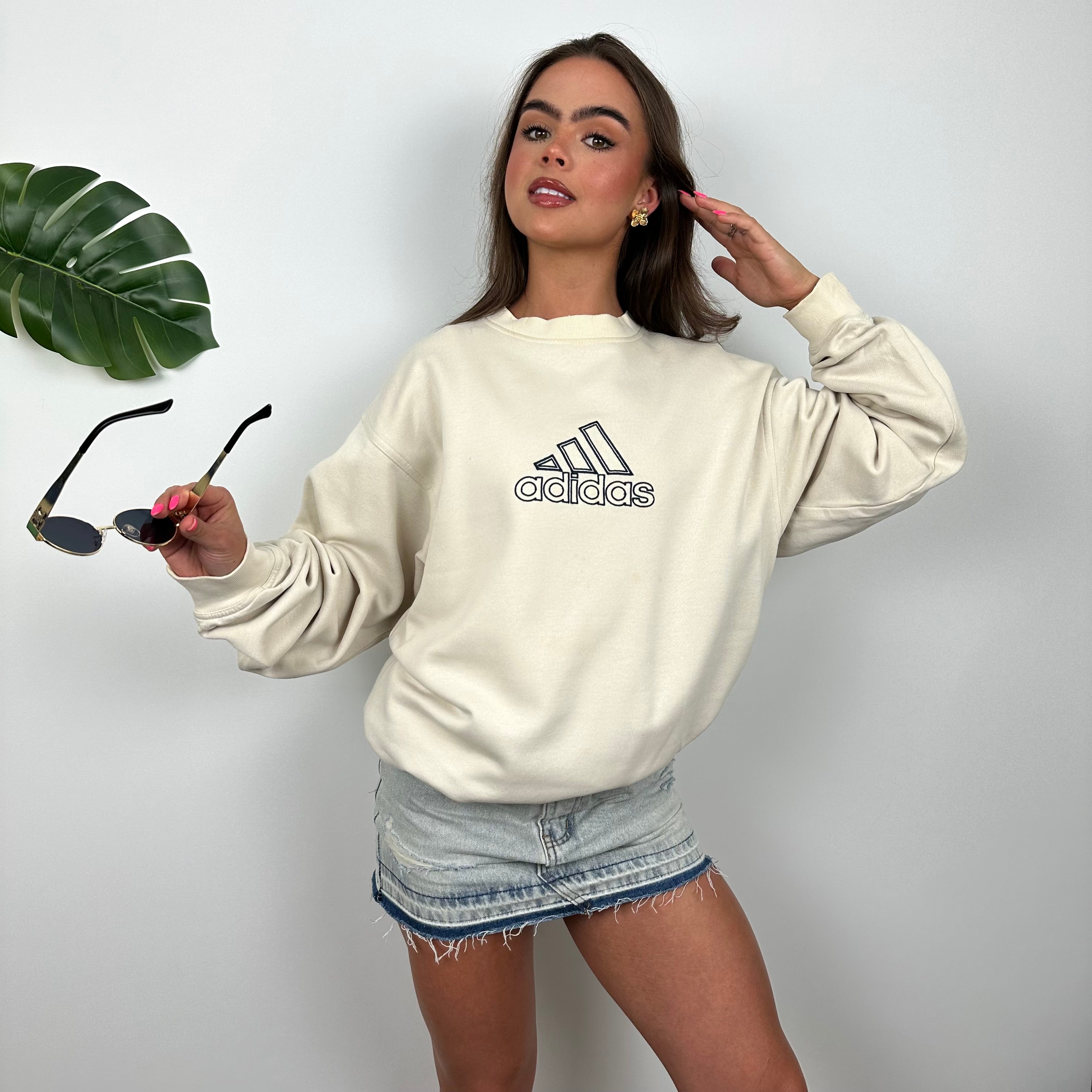 Adidas Cream Embroidered Spell Out Sweatshirt (XL)