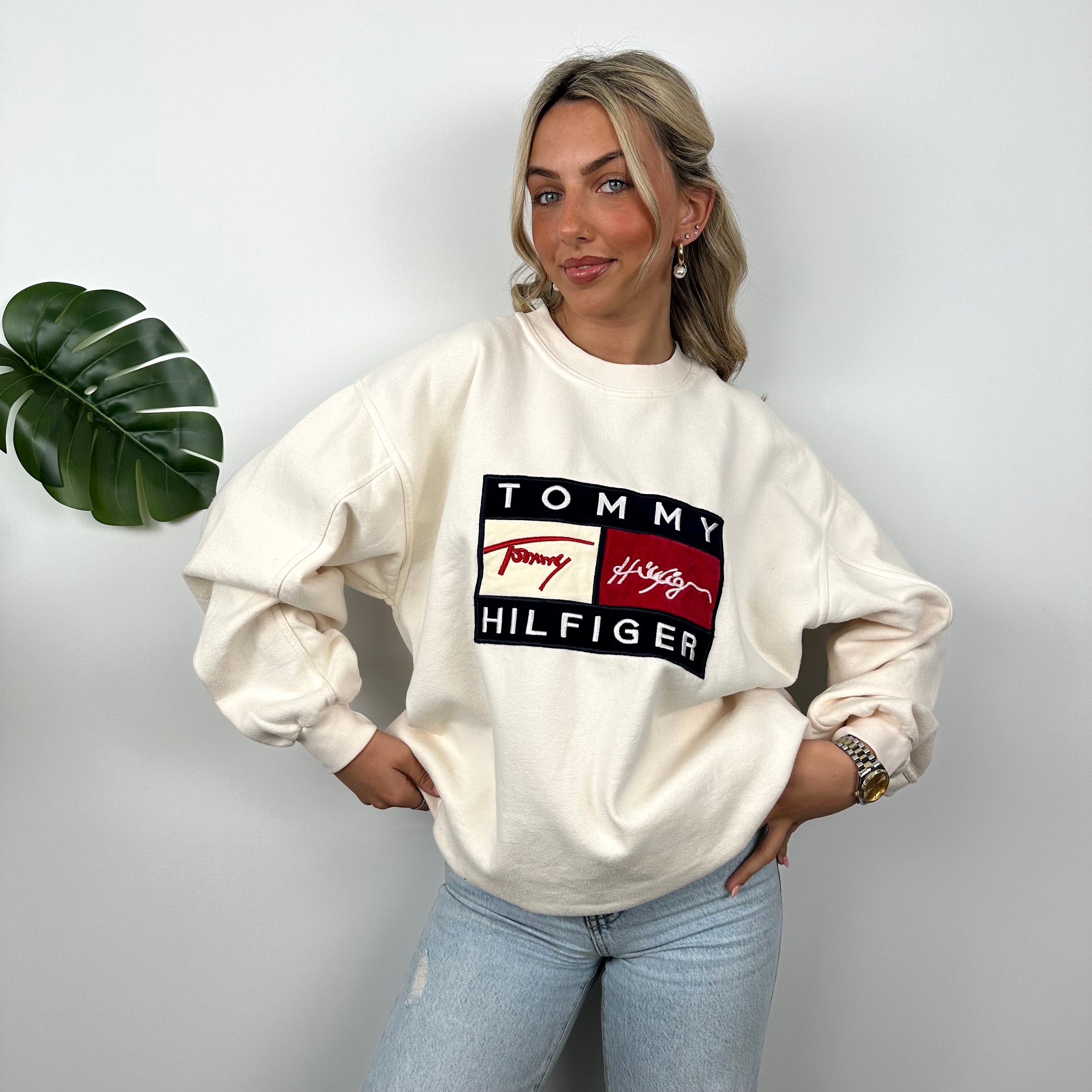 Tommy Hilfiger RARE Cream Embroidered Spell Out Sweatshirt (XL)