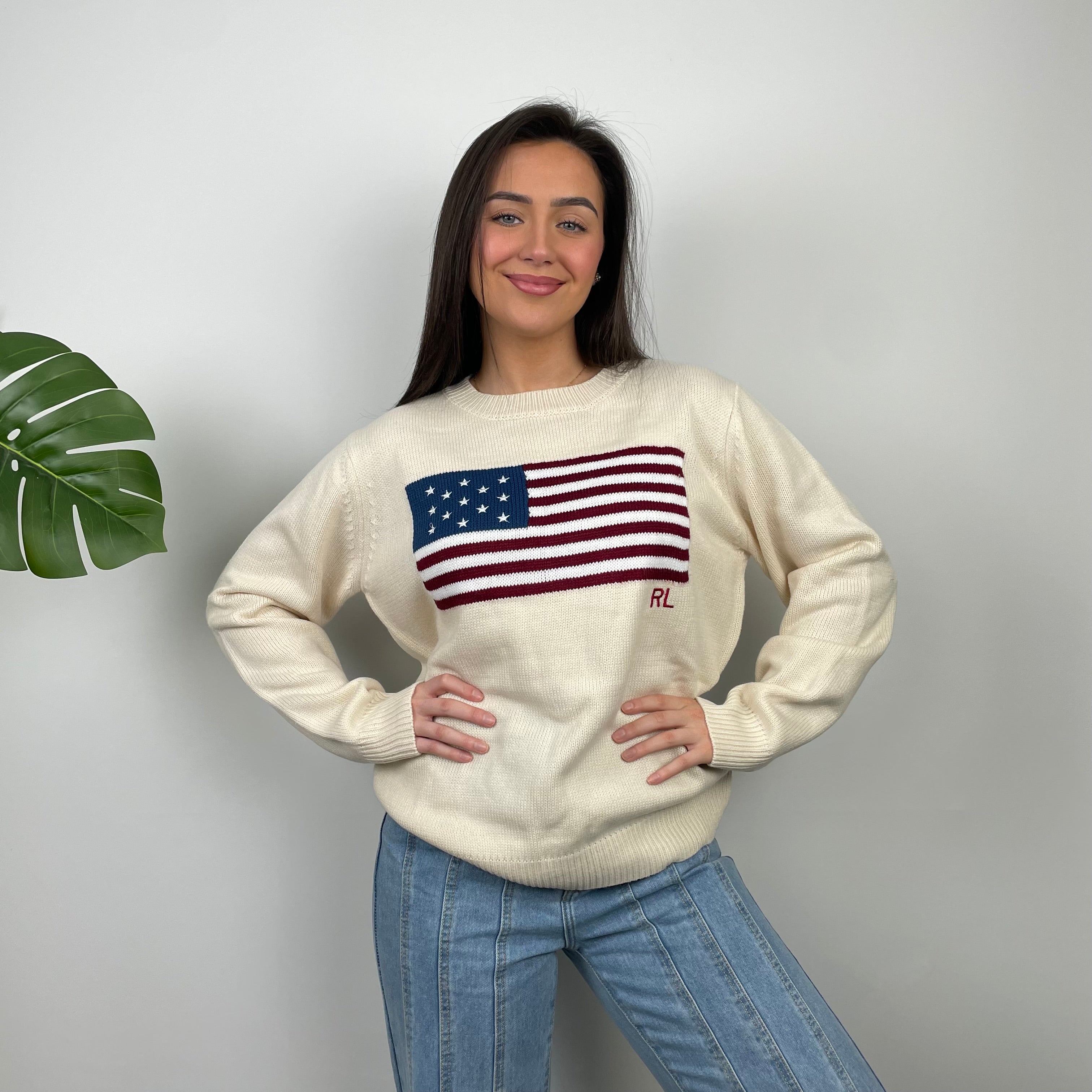 Polo Ralph Lauren Cream Embroidered Spell Out Knitted Sweater (M)