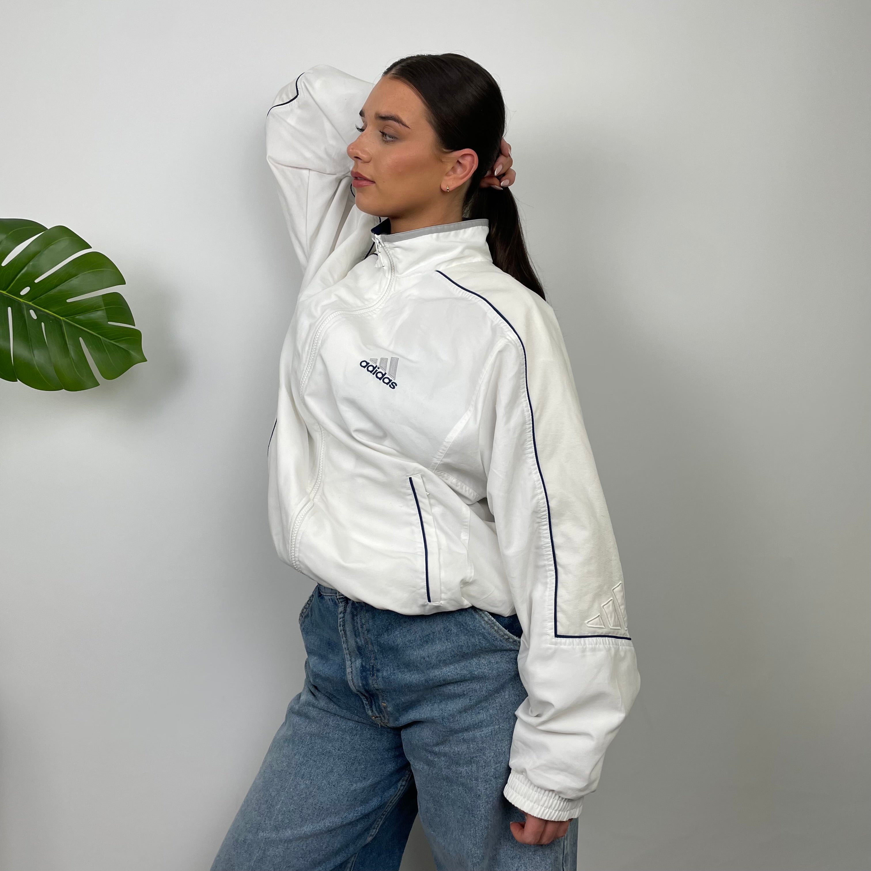 Adidas White Embroidered Spell Out Zip Up Windbreaker Jacket (L)