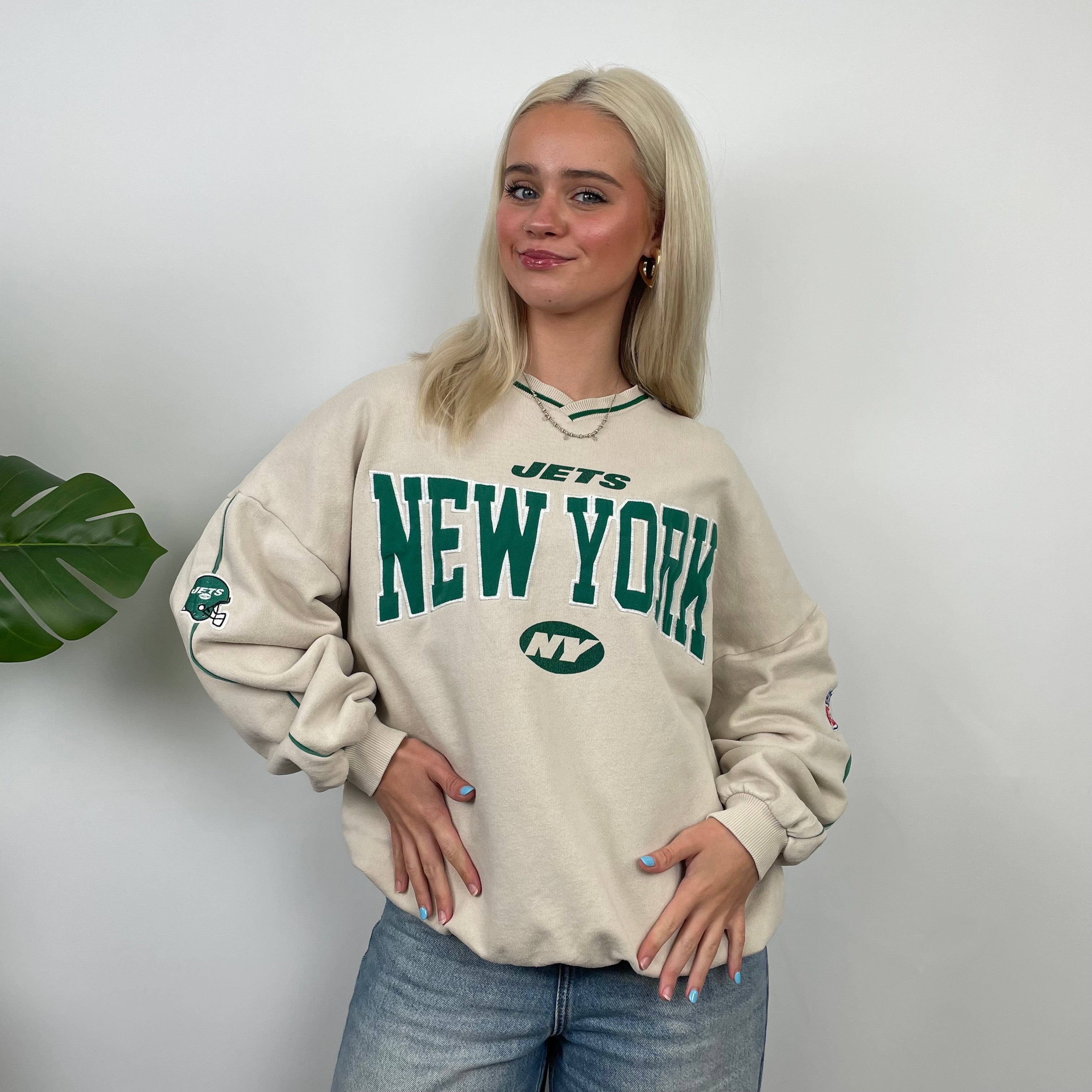 New York Jets Cream Embroidered Spell Out Sweatshirt (S)