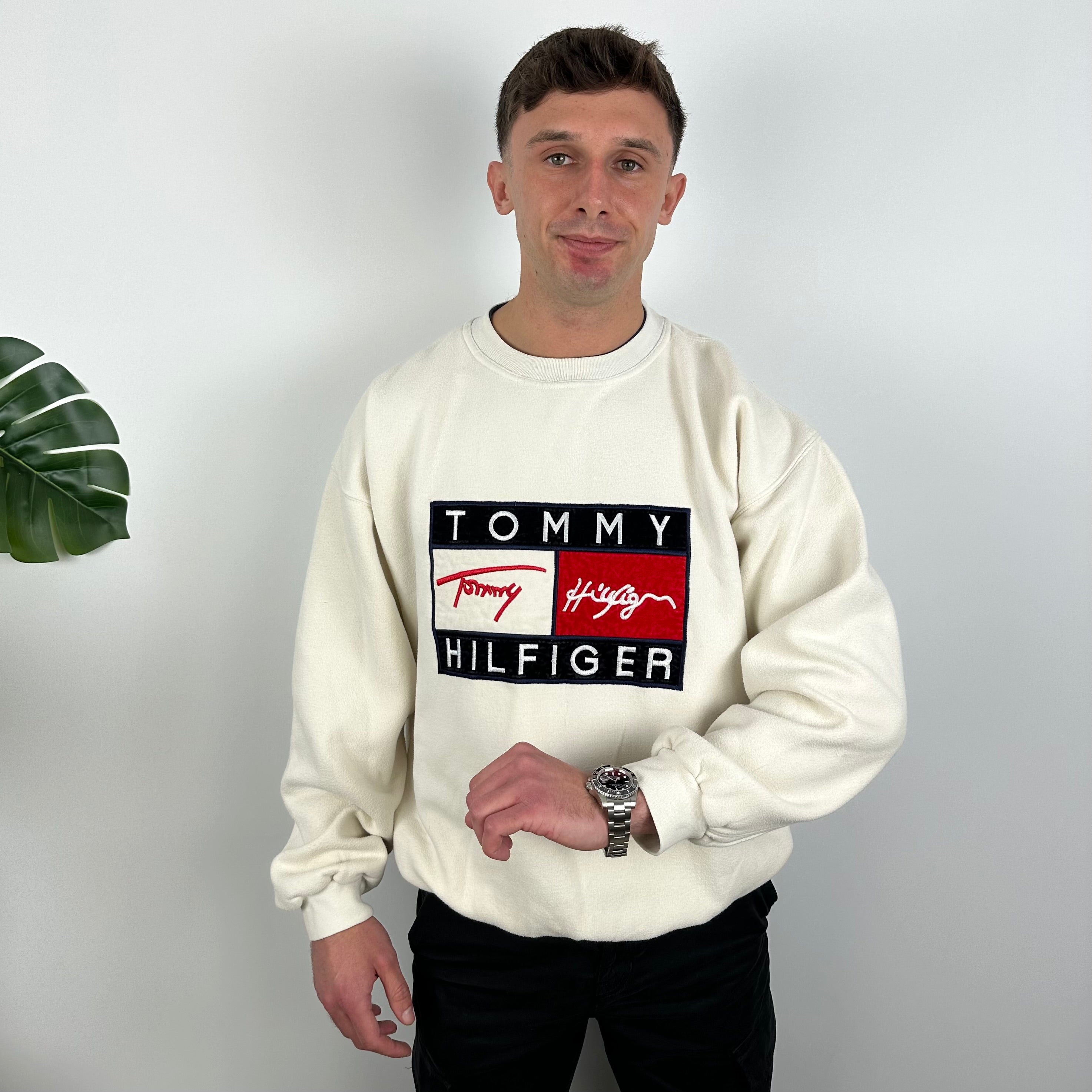 Tommy Hilfiger RARE Cream Embroidered Spell Out Sweatshirt (L)