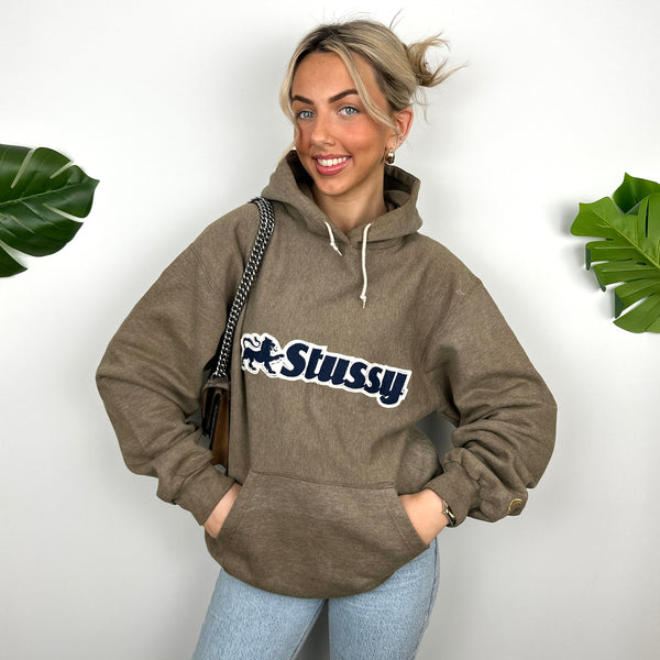 Stussy Brown Embroidered Spell Out Hoodie (M)