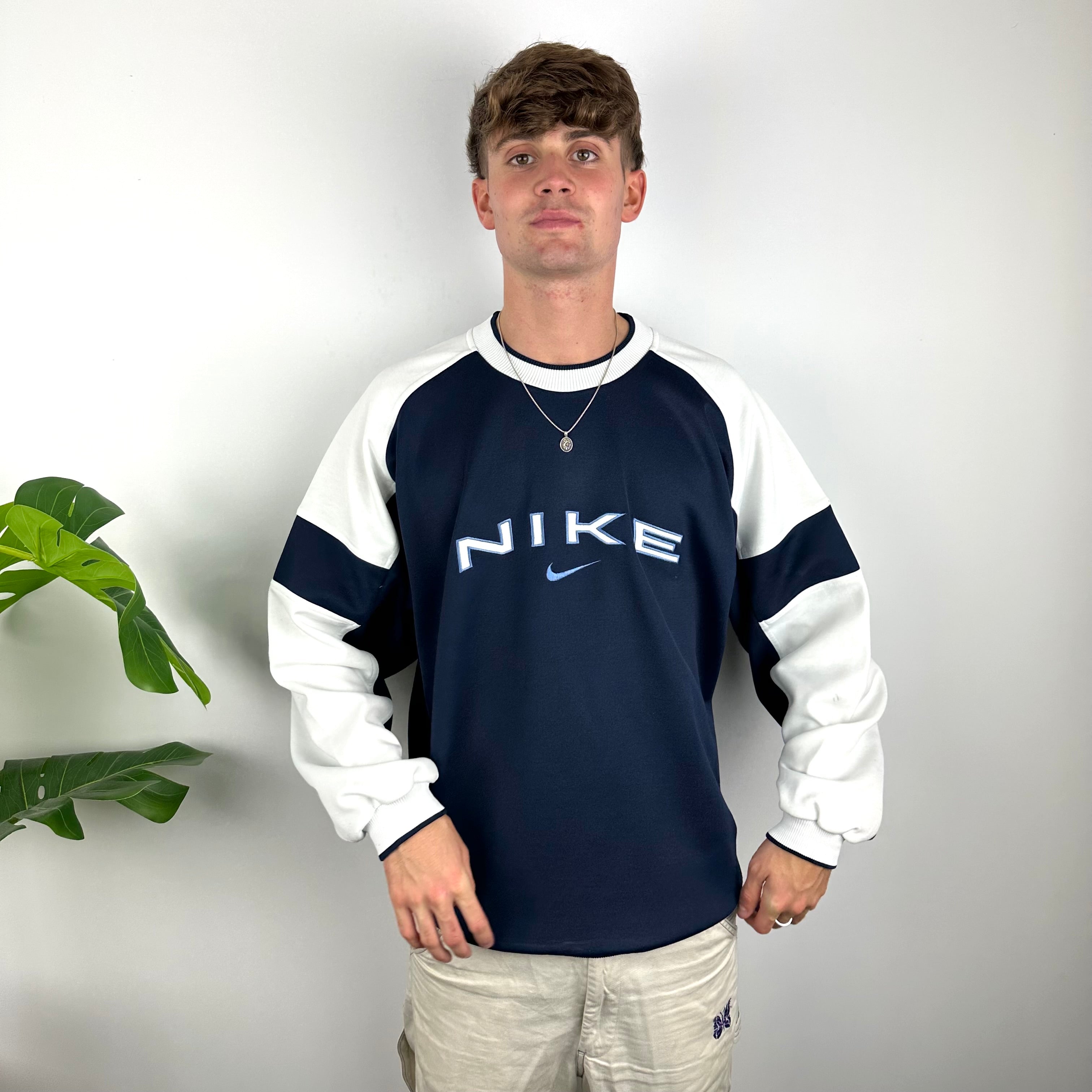 Nike RARE Navy Embroidered Spell Out Sweatshirt (XXL)