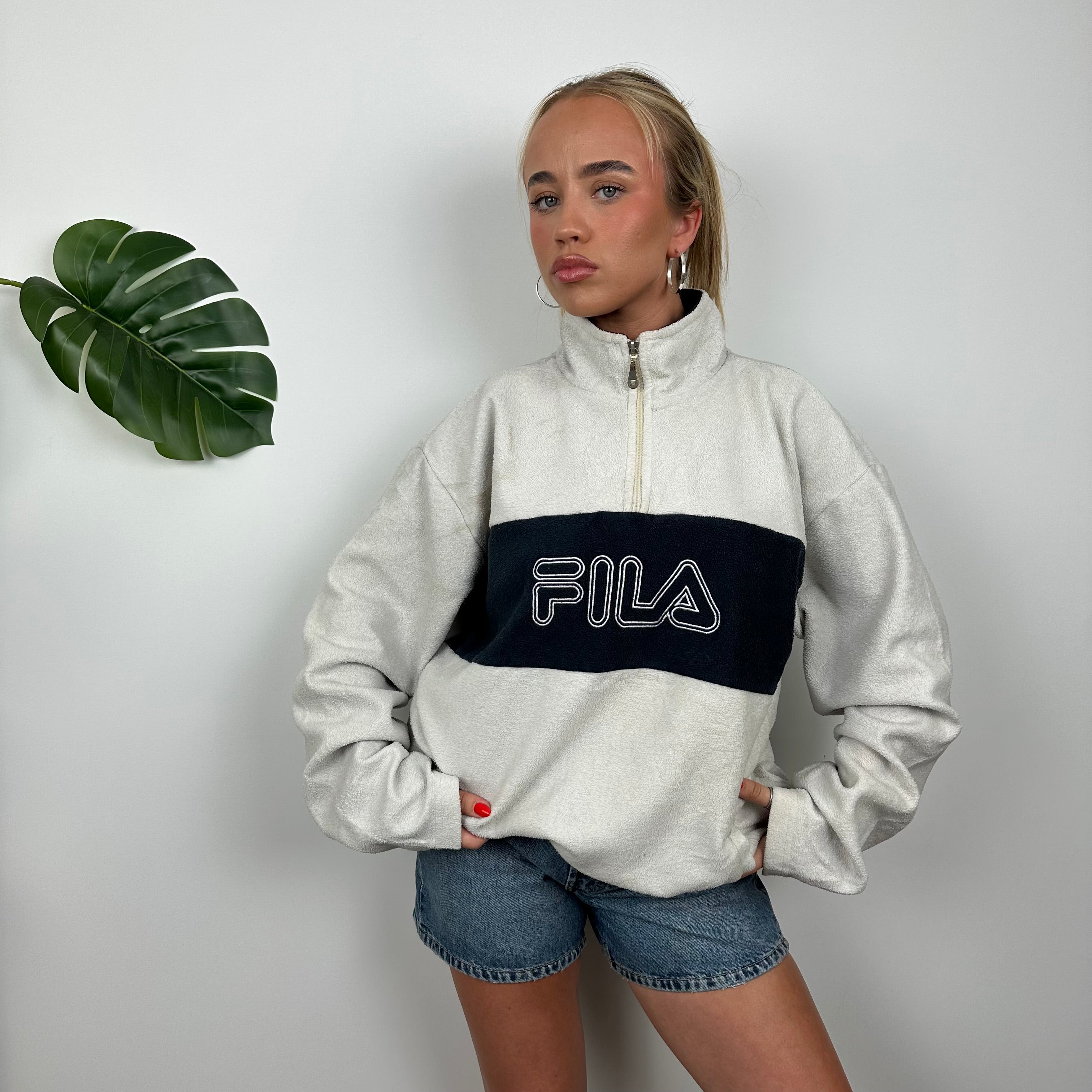 FILA White Embroidered Spell Out Teddy Bear Fleece Quarter Zip Sweatshirt (L)