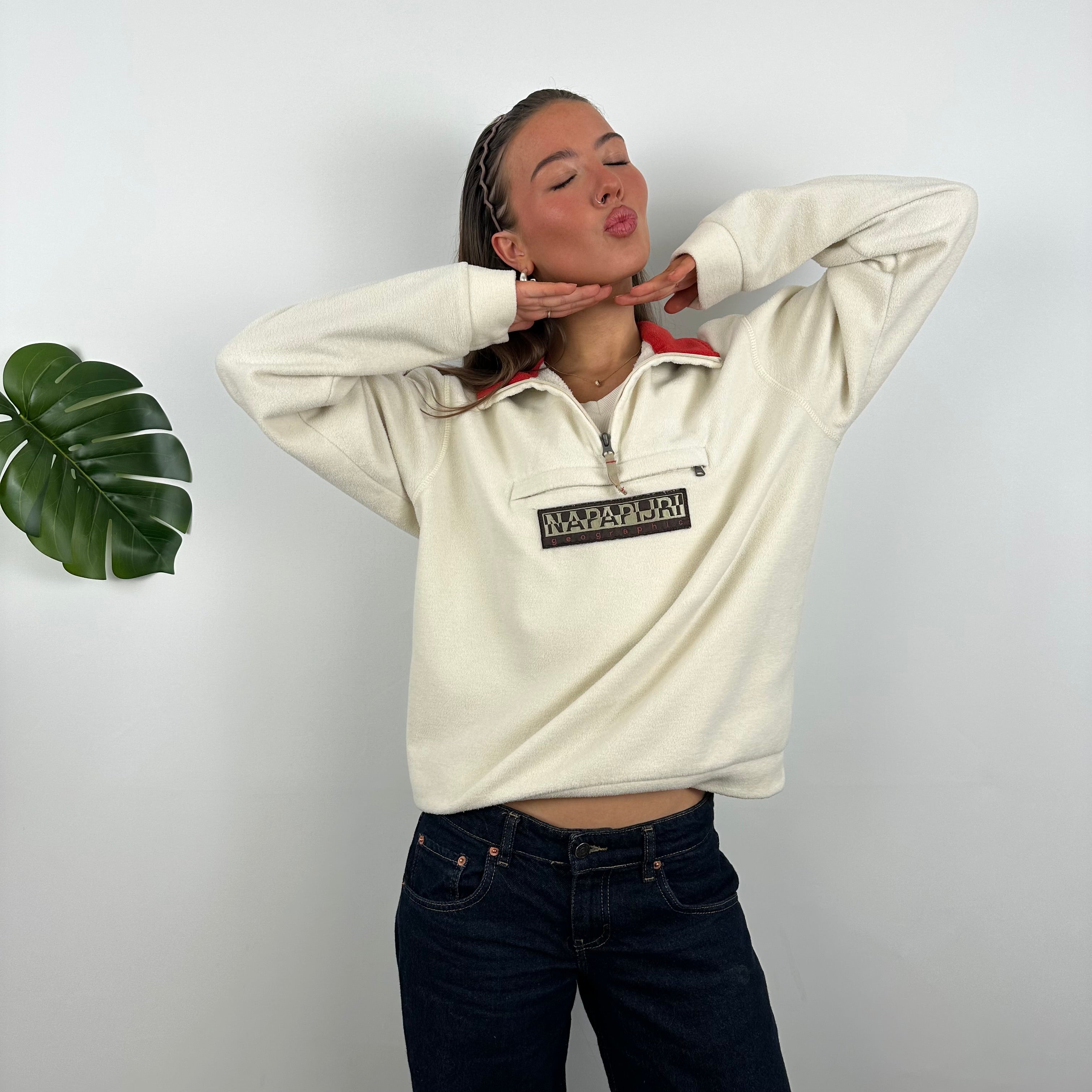 Napapijri Cream Embroidered Spell Out Teddy Bear Fleece Quarter Zip (M)