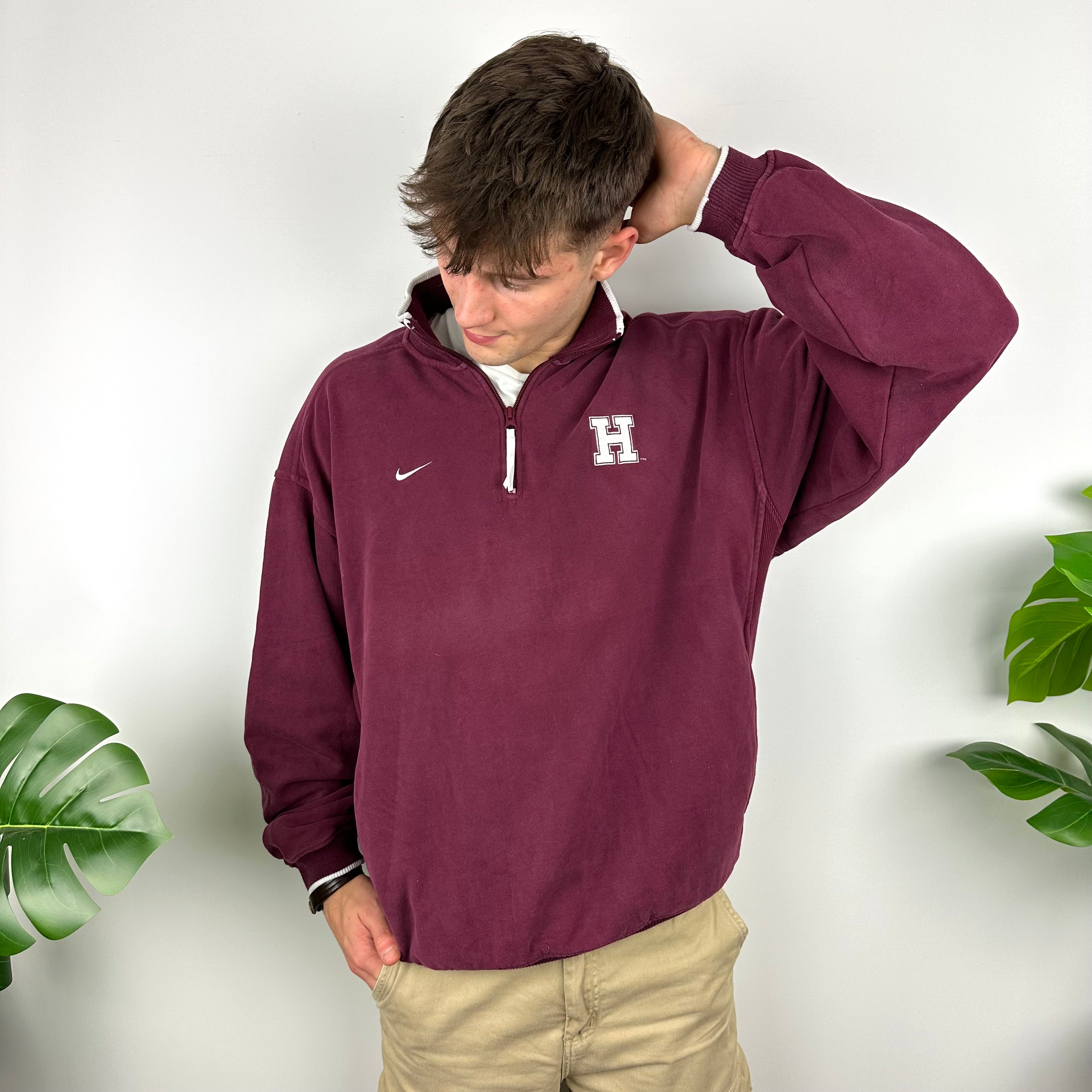 Nike Maroon Harvard Embroidered Spell Out Quarter Zip Sweatshirt (L)