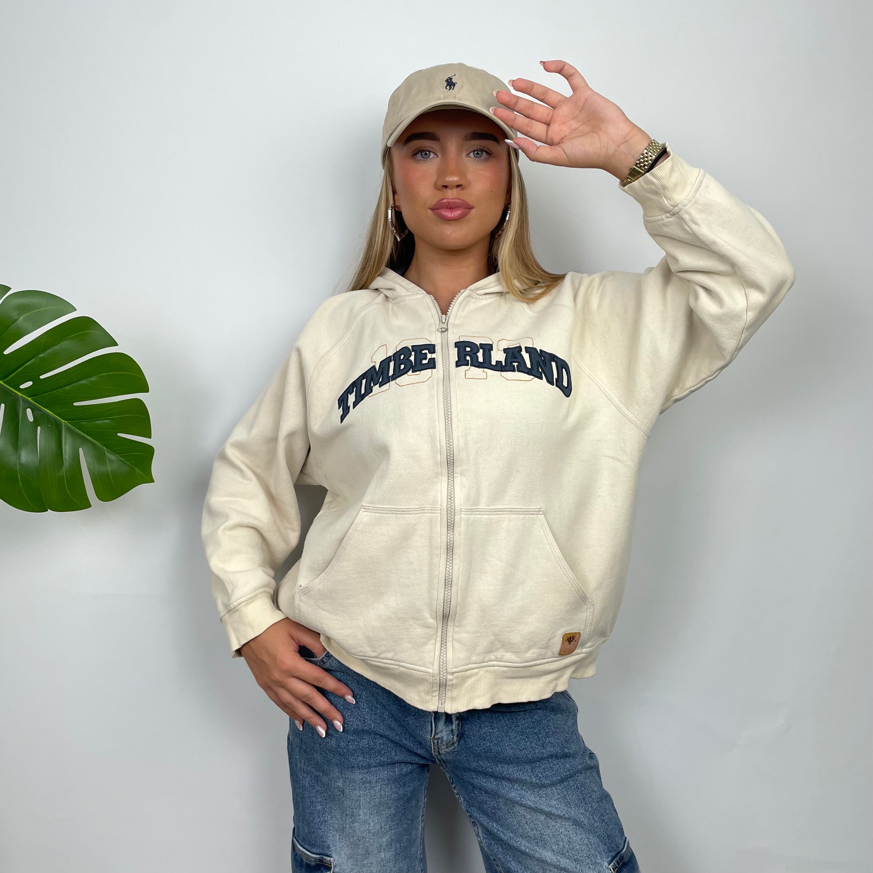 Timberland Cream Embroidered Spell Out Zip Up Sweatshirt (S)