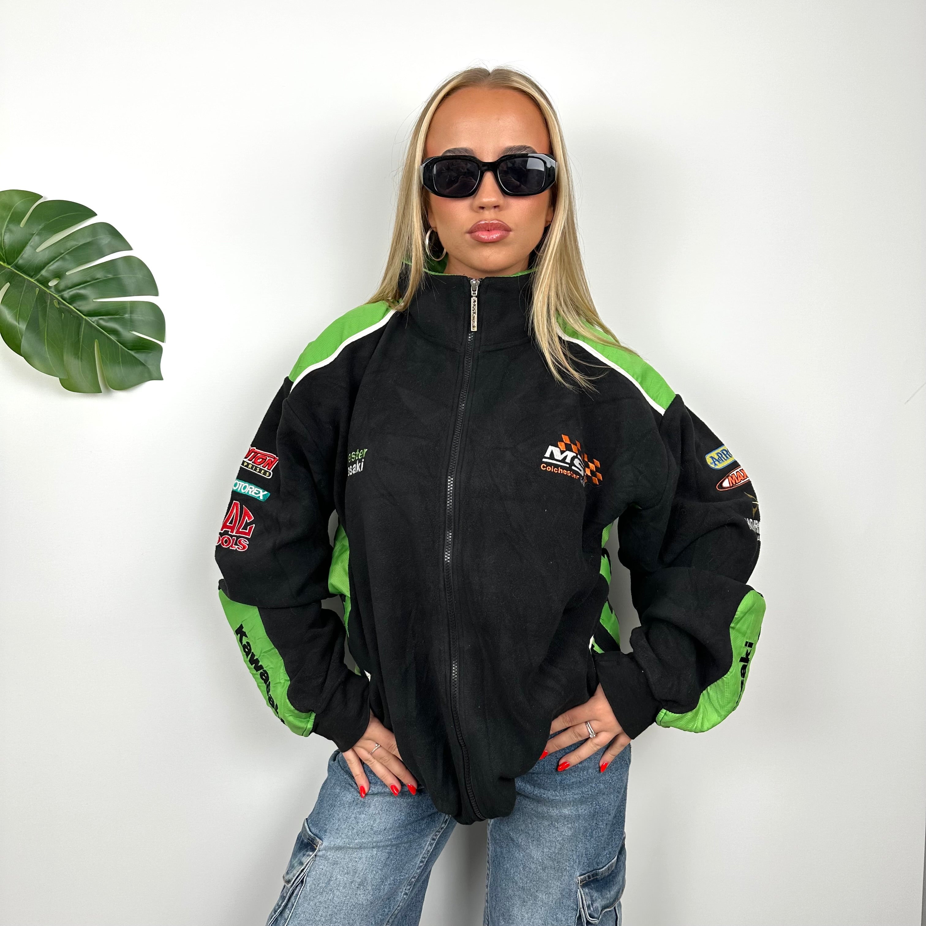 Kawasaki Racing RARE Black Embroidered Spell Out Zip Up Fleece (XXL)