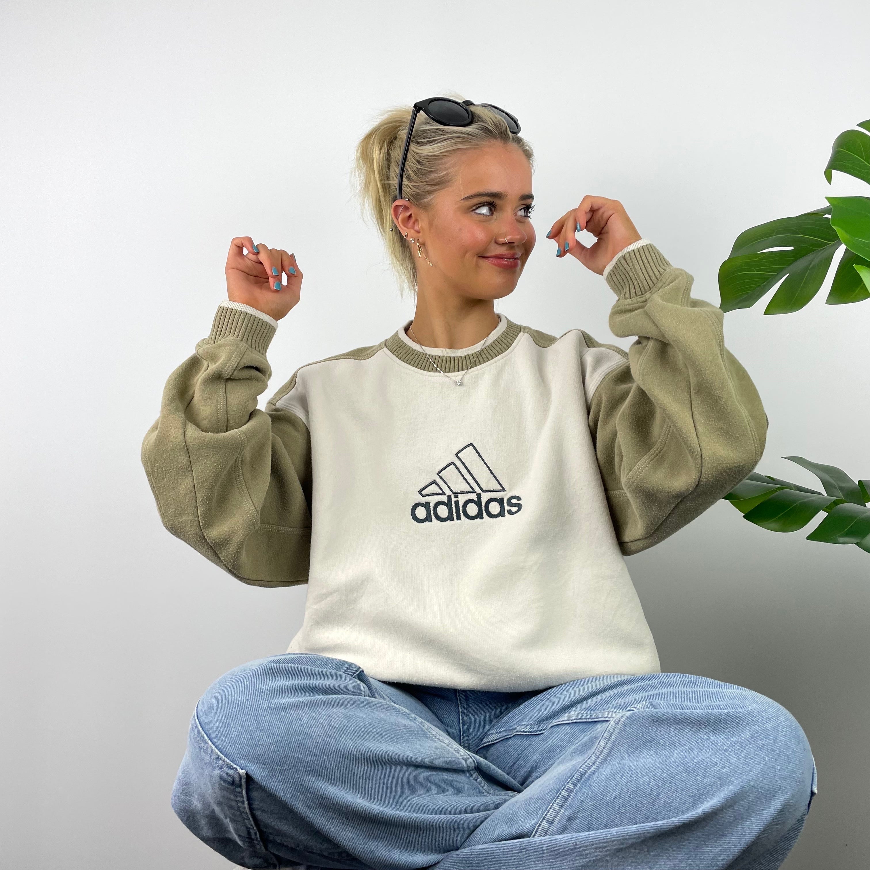 Adidas RARE Cream and Tan Brown Embroidered Spell Out Sweatshirt (M)