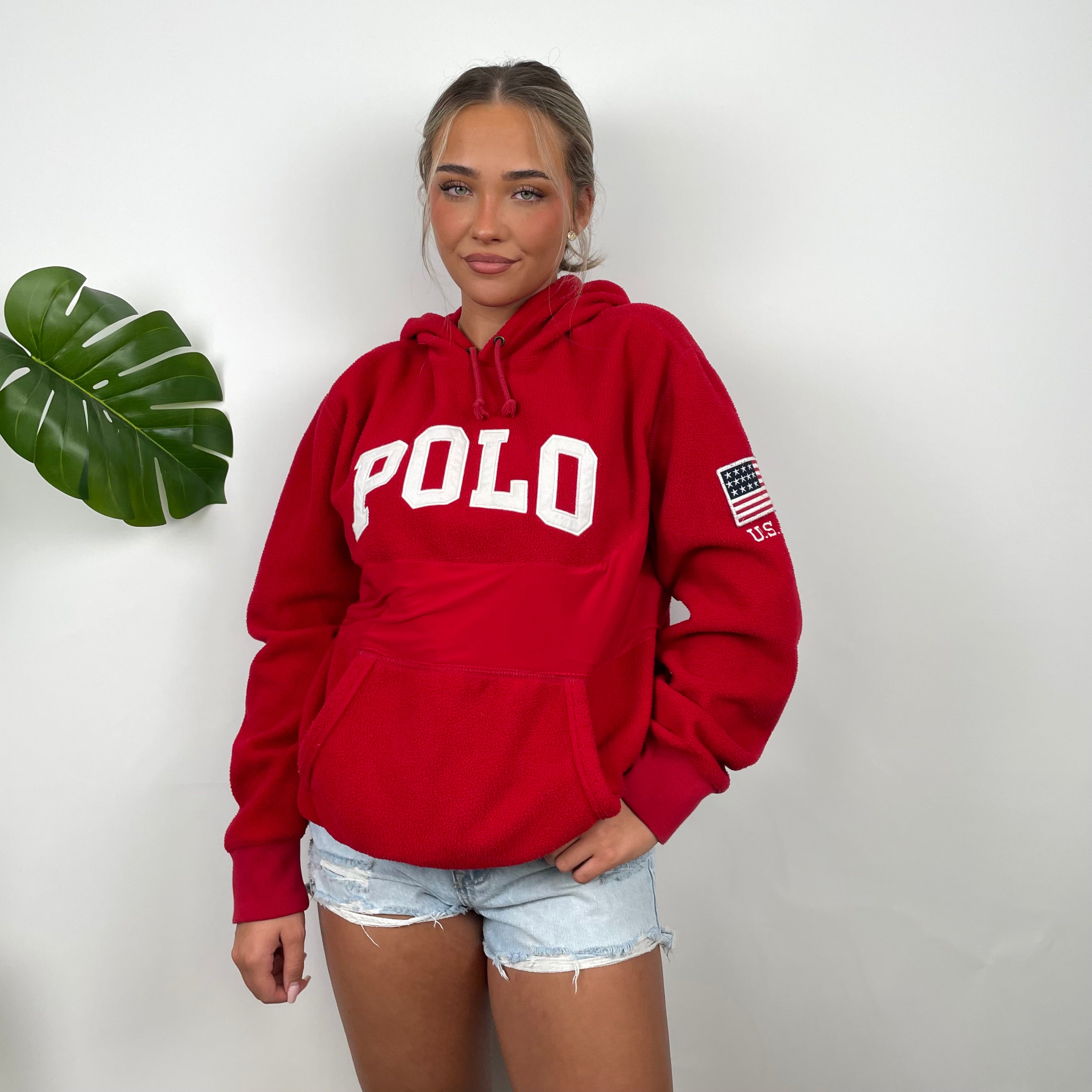 Polo Ralph Lauren Red Embroidered Spell Out Fleece Hoodie (M)