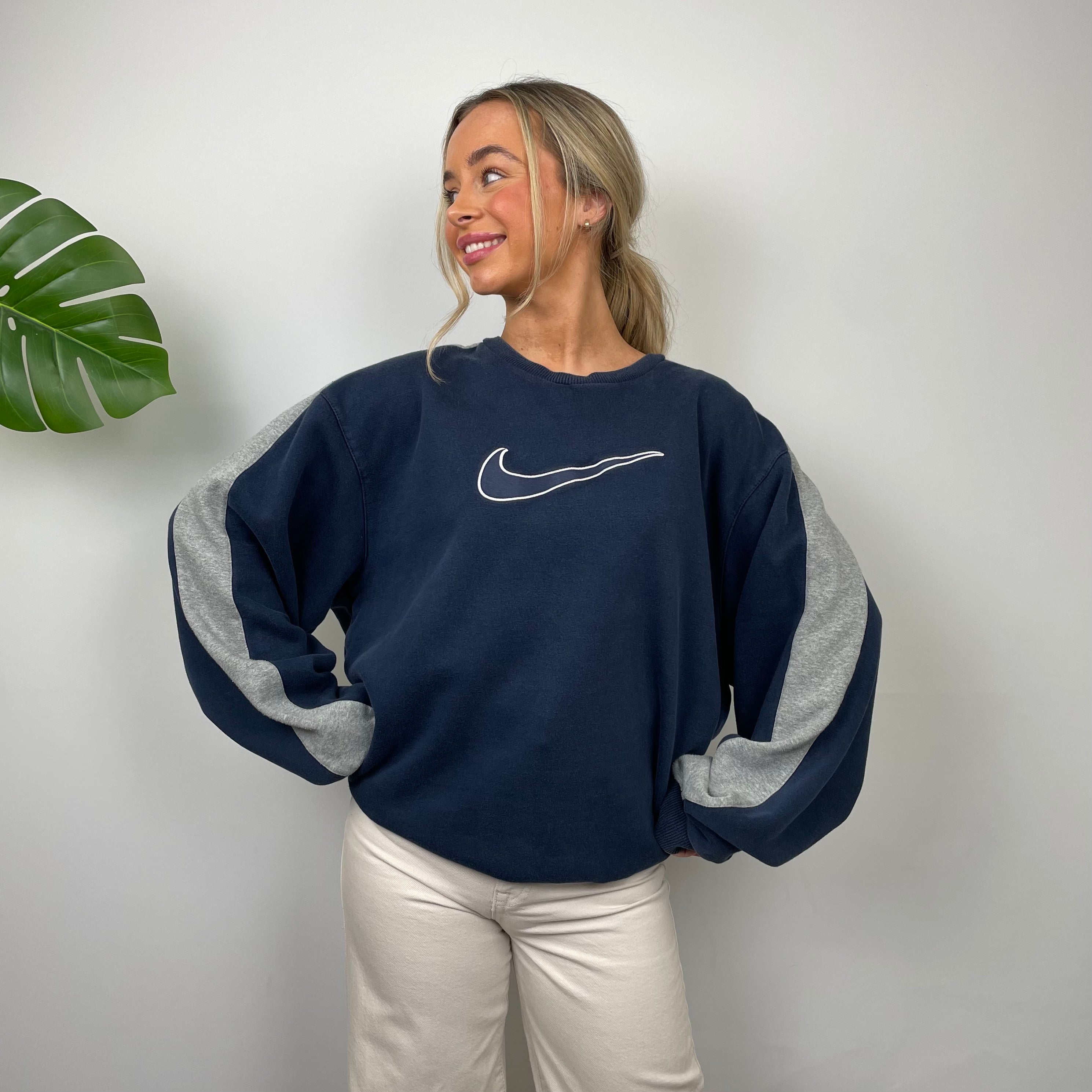 Nike RARE Navy Embroidered Swoosh Sweatshirt (M)