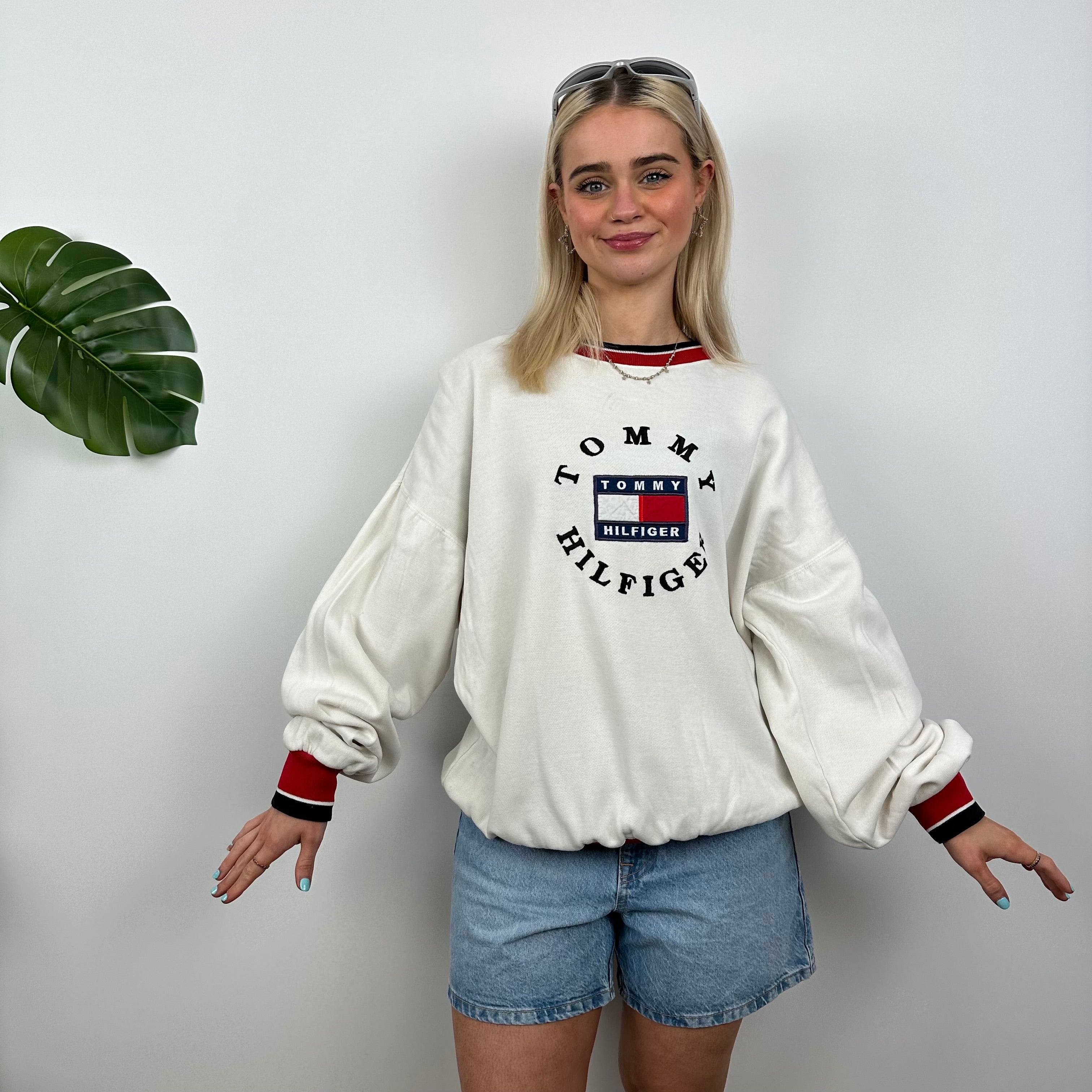 Tommy Hilfiger RARE White Embroidered Spell Out Sweatshirt (M)