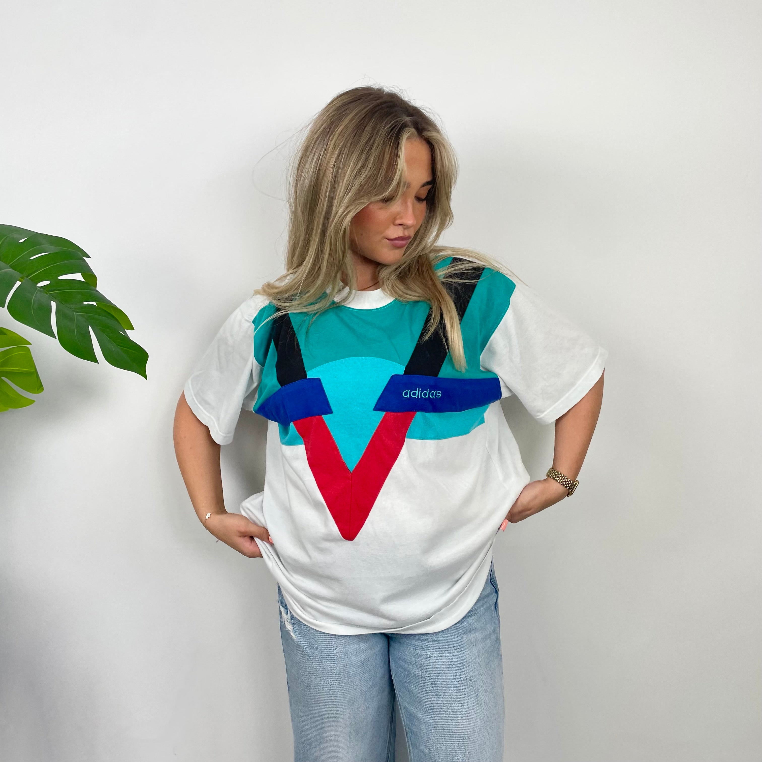 Adidas Colour Block Embroidered Spell Out T Shirt (M)