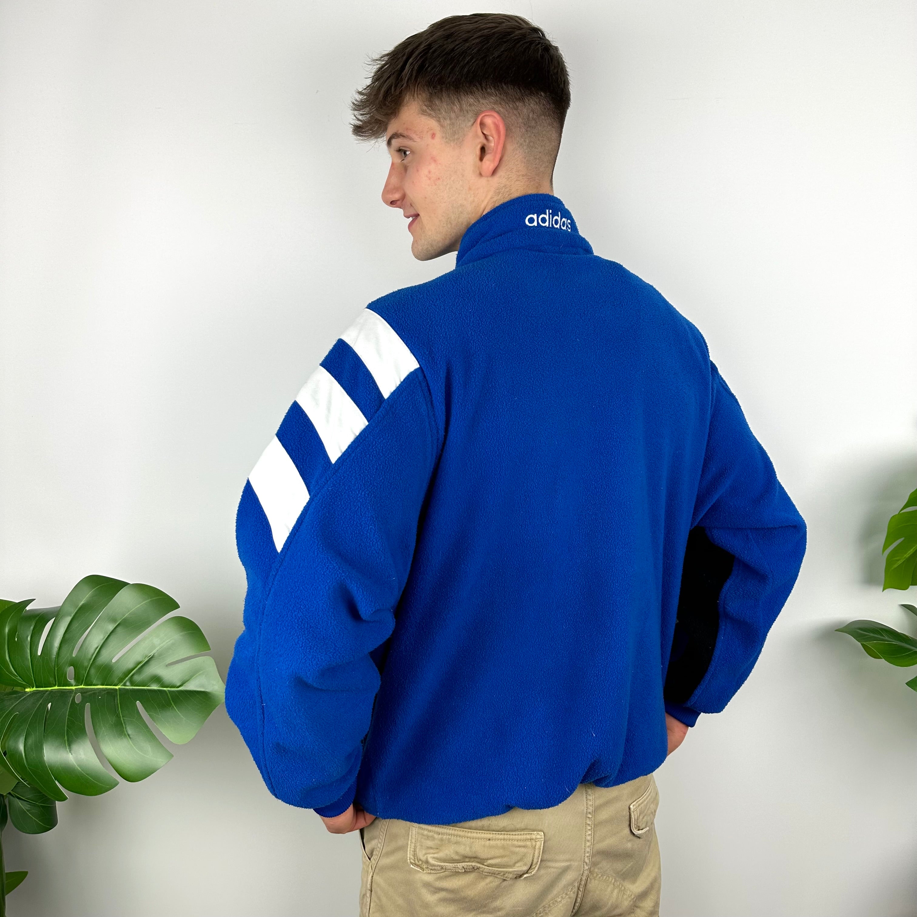 Adidas Blue Colour Block Embroidered Spell Out Teddy Bear Fleece Quarter Zip Sweatshirt (M)