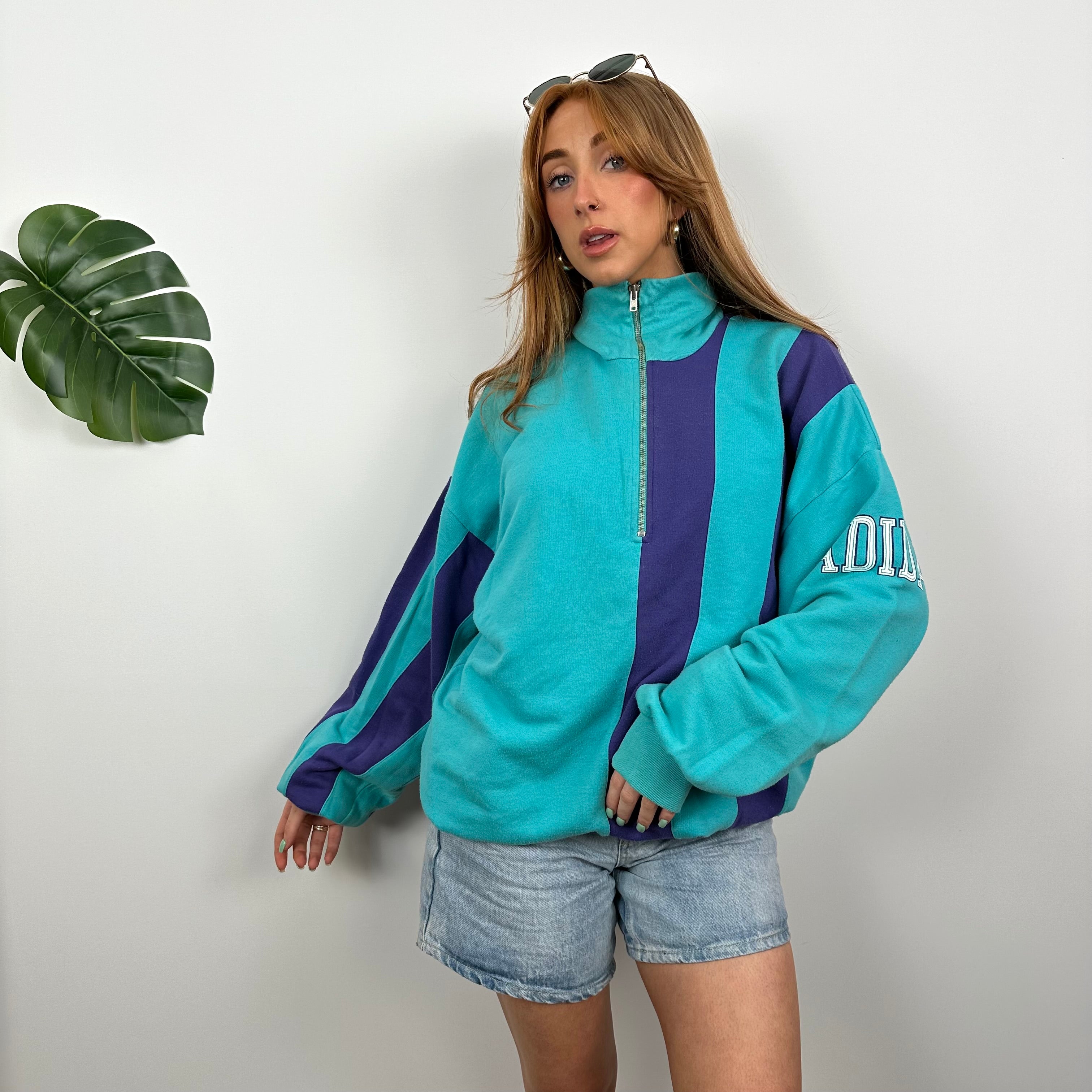 Adidas RARE Purple & Turquoise Blue Colour Block Embroidered Spell Out Quarter Zip Sweatshirt (M)